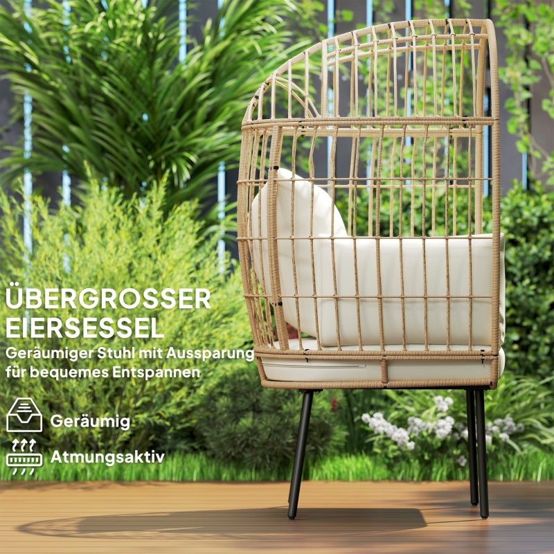 Egg-Shaped Rattan Chair, Removable Cushion, Oversized Outdoor Weatherproof Wicker, Beige