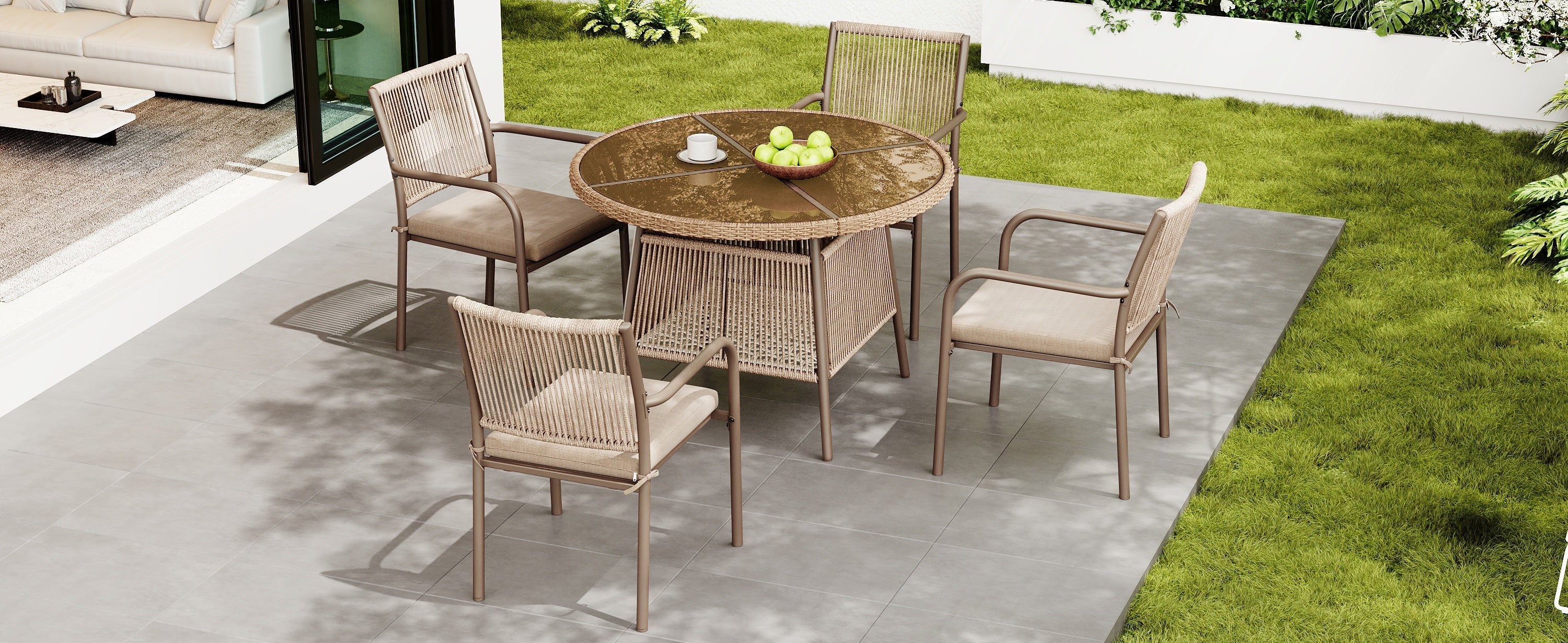 Rattan Garden Set Round Glass Table 4 Armchairs - Iron Frame