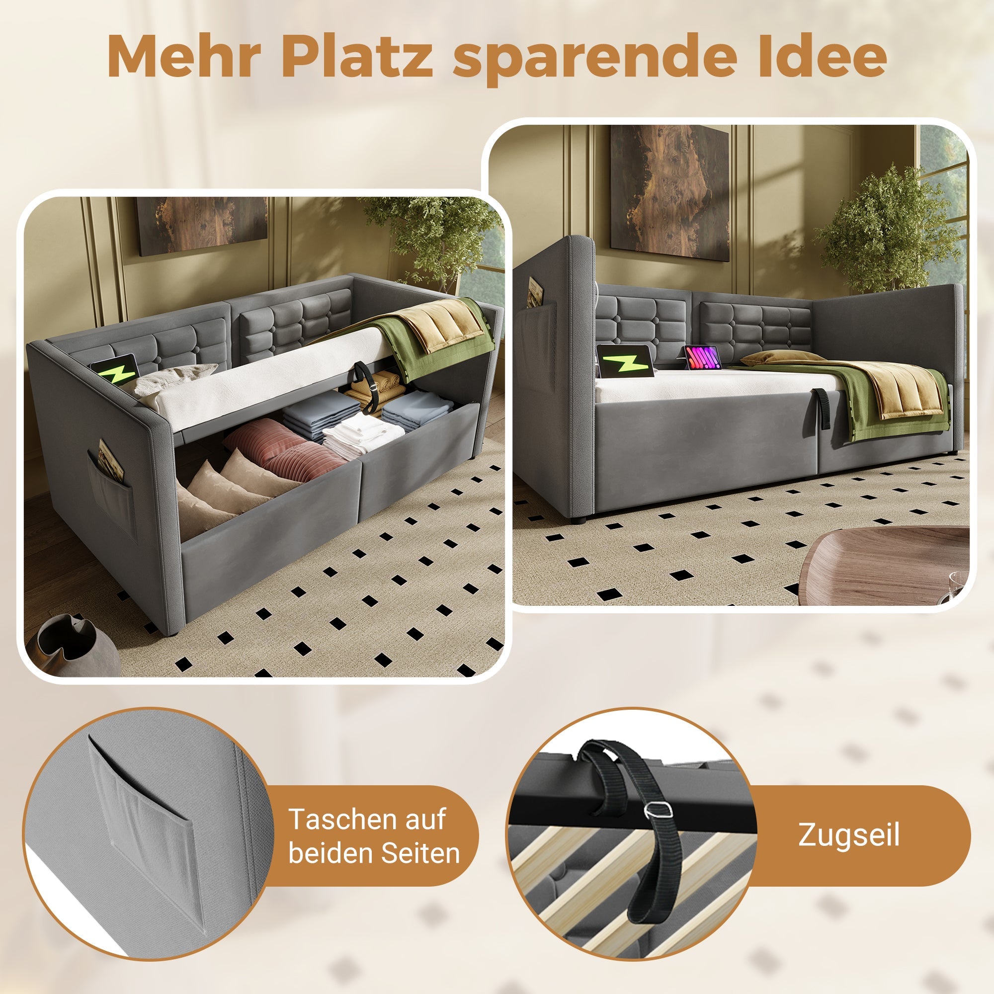 Sofa Bed, Upholstered with Hydraulic Storage, USB & Type-C Charging, Gray Velvet