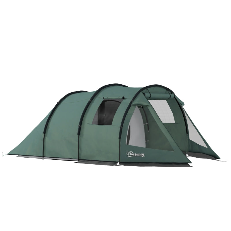 Two Room Tunnel Tent, 3-4 Man Camping with Windows, Green