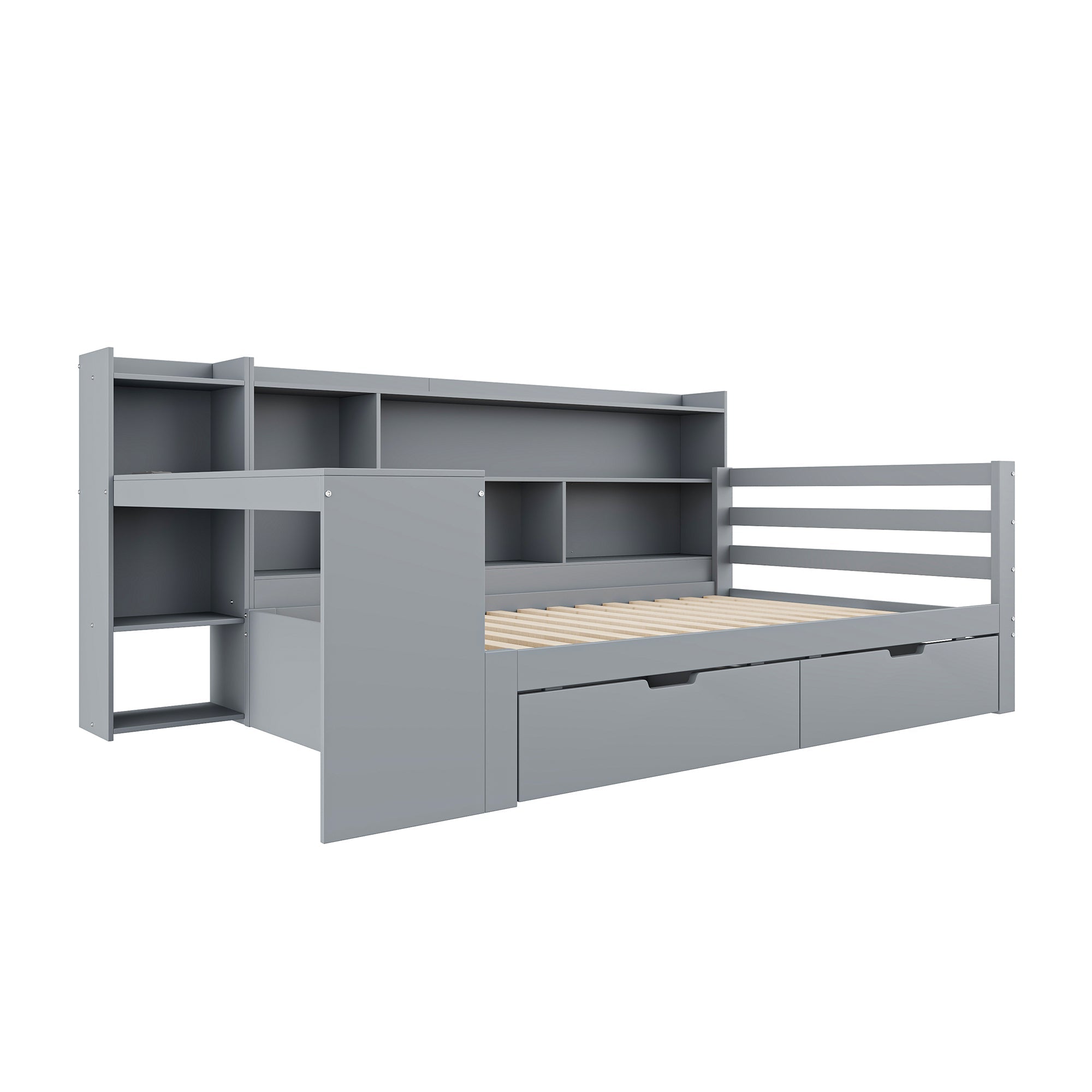 Sofa Bed, Multifunctional with Desk, Bookshelf, Storage & Power Outlet, Solid Wood, Grey