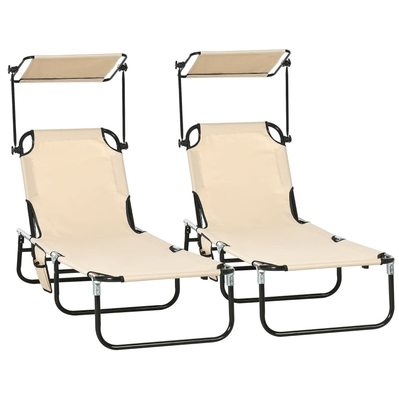 Set of 2 Folding Sun Loungers Sunshade 5-Pos. Adjustable Backrest - Brown