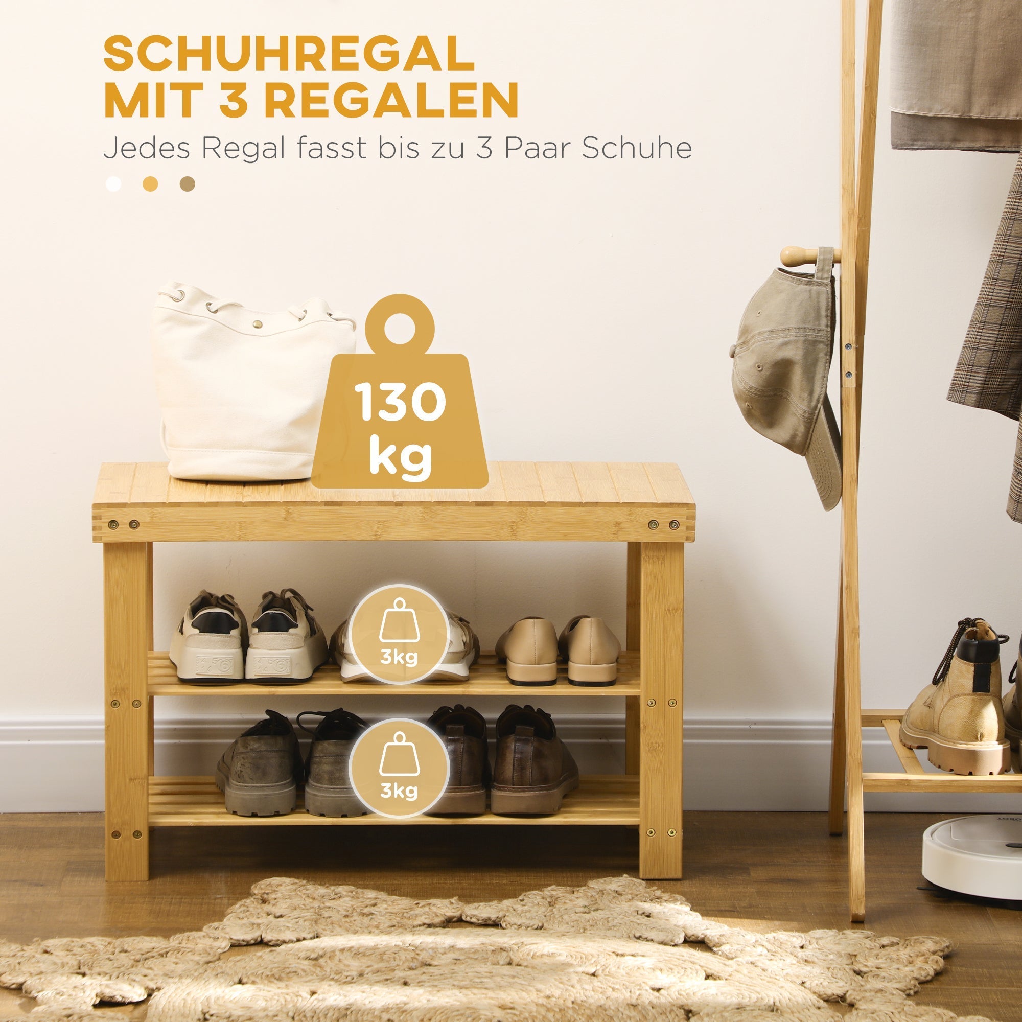 Bamboo Shoe Bench, 3-Tier 6 Pairs 70x28x45cm, Natural