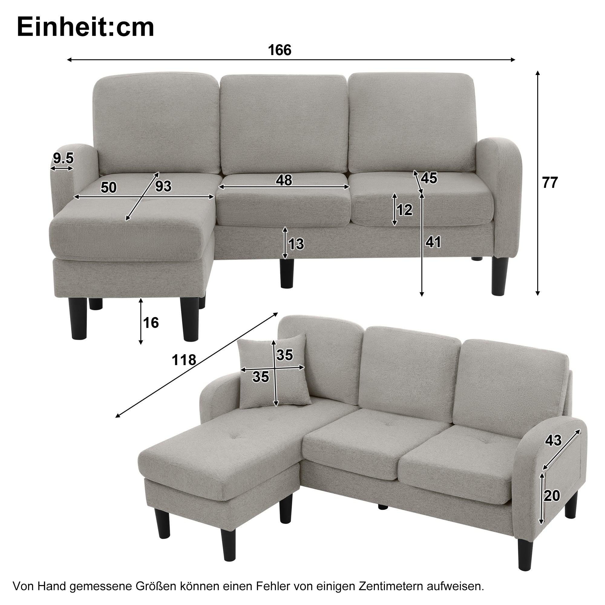 L-shaped Corner Sofa with Chaise Lounge, 3-Seater Modular Design, Cotton-Linen Fabric