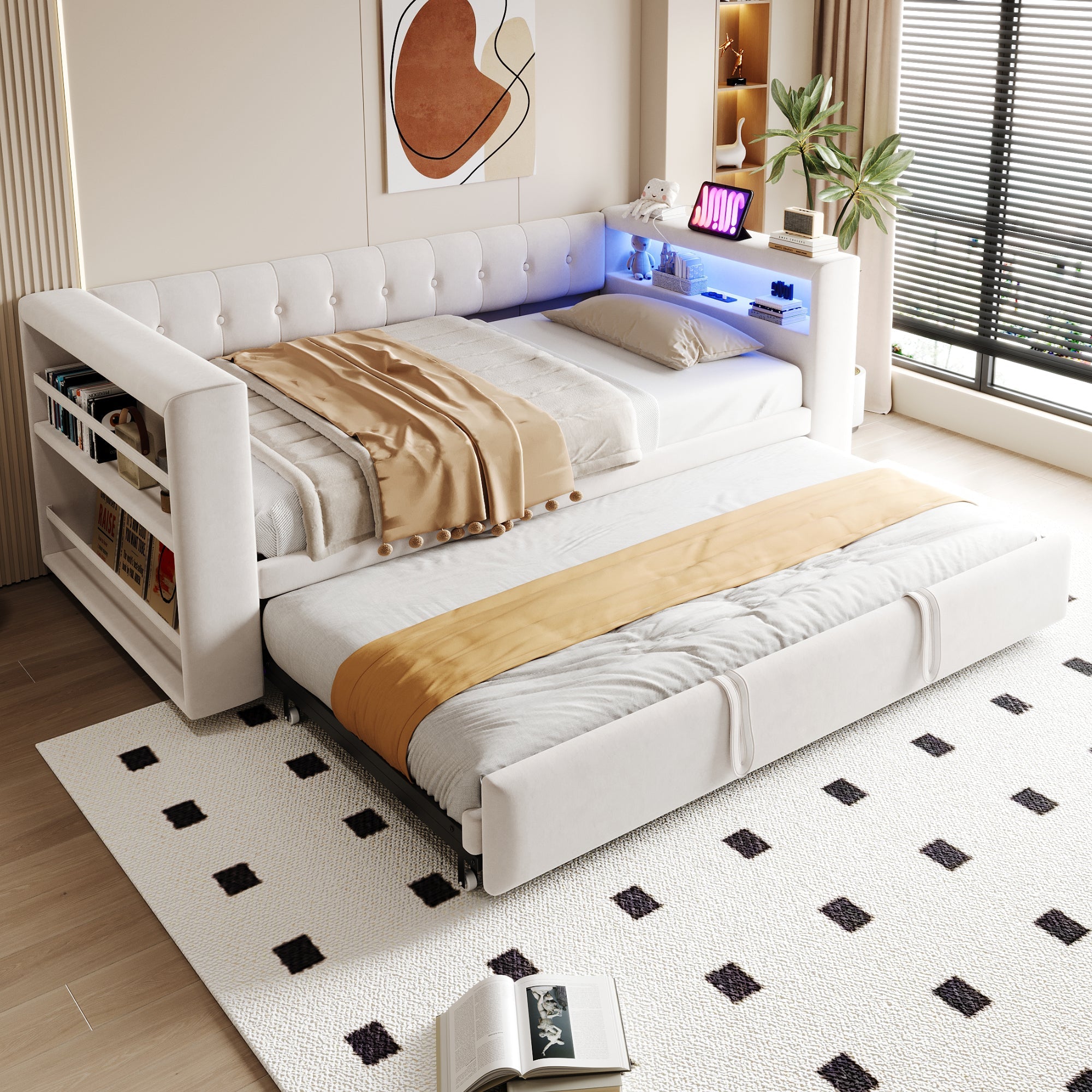 Multifunctional Upholstered Sofa Bed with LED Lighting, Power Outlets and Ample Storage, 90/180x190cm, Beige