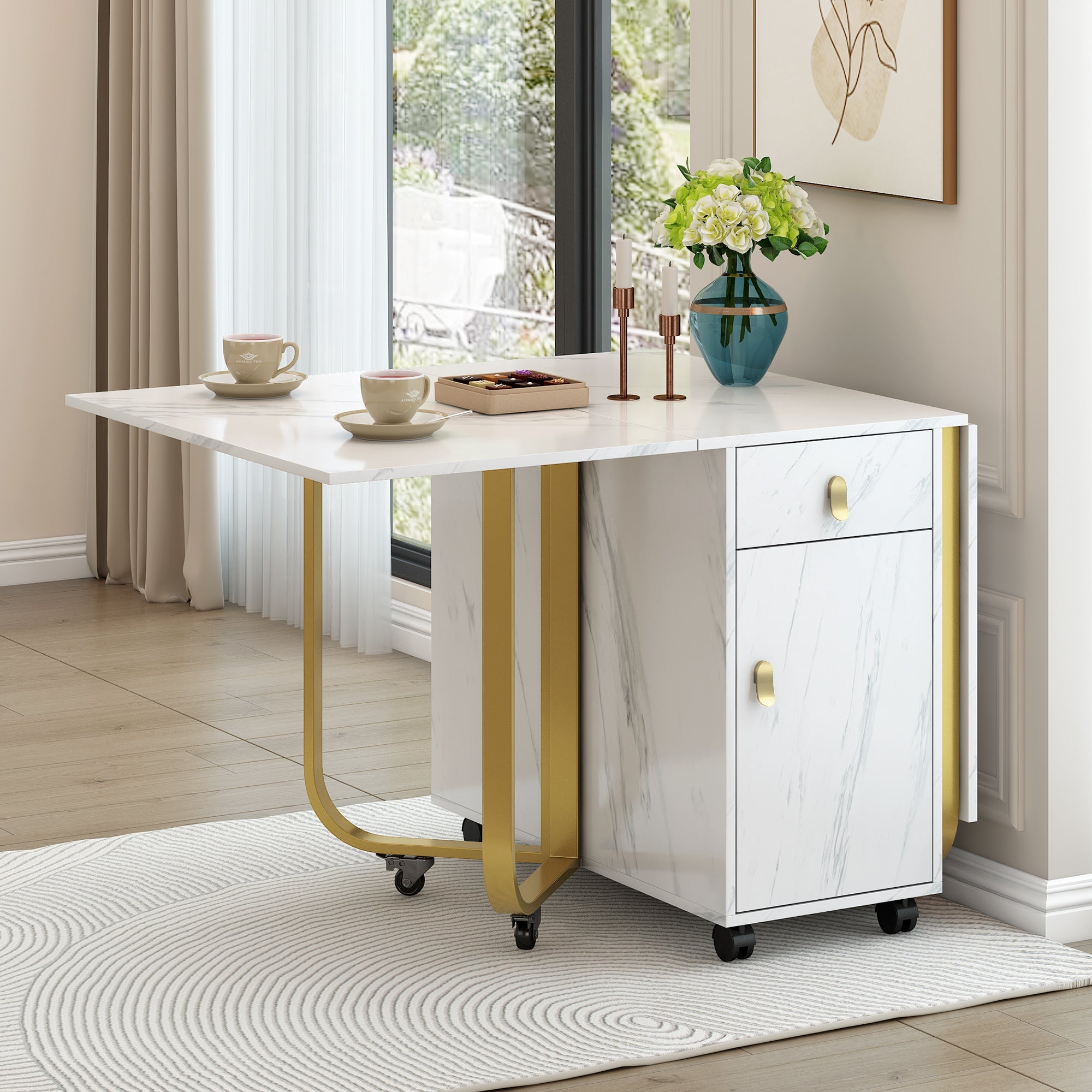 Folding Dining Table, Cabinet & 2 Drawers, Space-Saving, White/Gold
