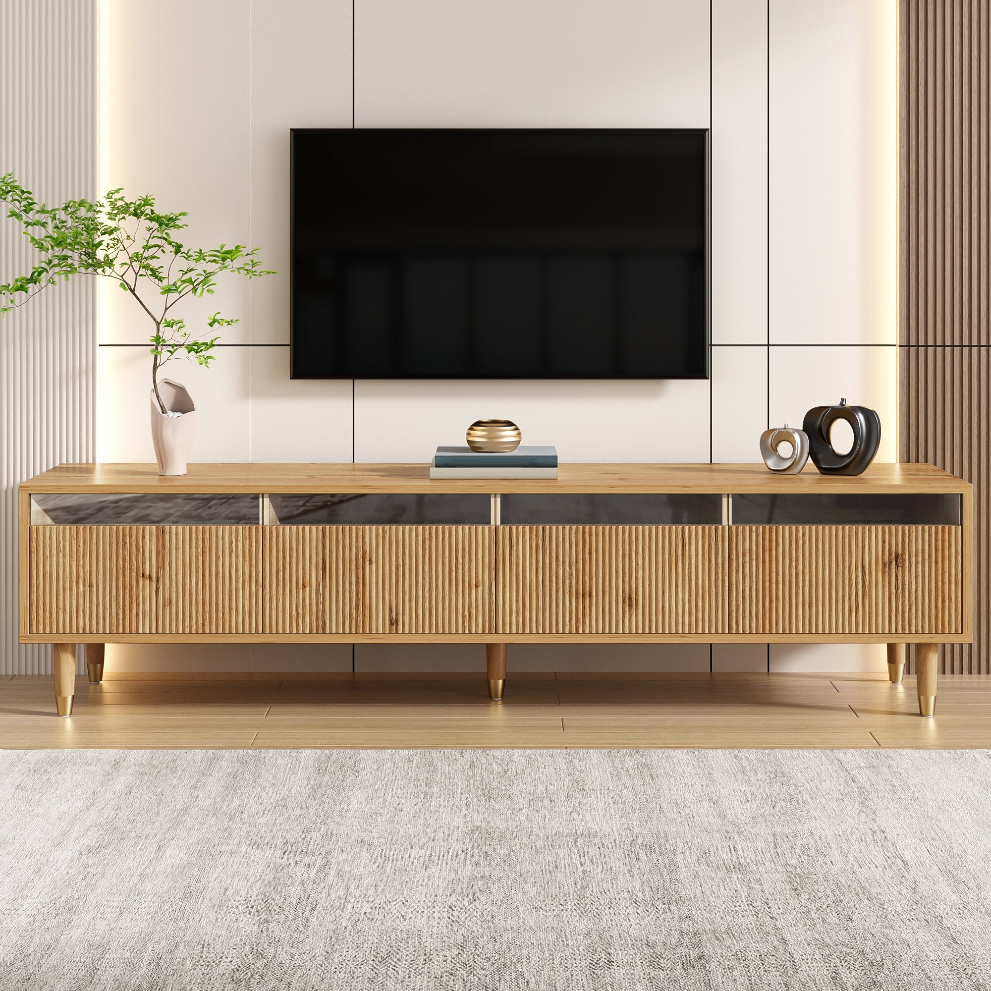 Modern TV Cabinet 178cm Minimalist Large Storage 4 Drawers, Wood Look MDF & Acrylic