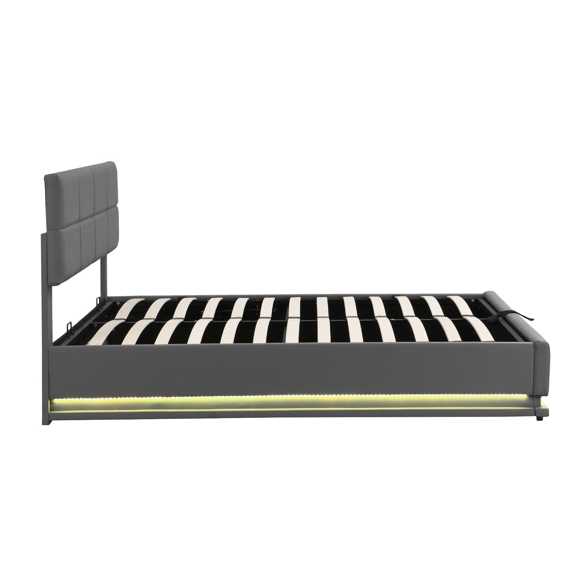 Faux Leather Bed with LED Lighting, Hydraulic Storage & Adjustable Headboard, Grey
