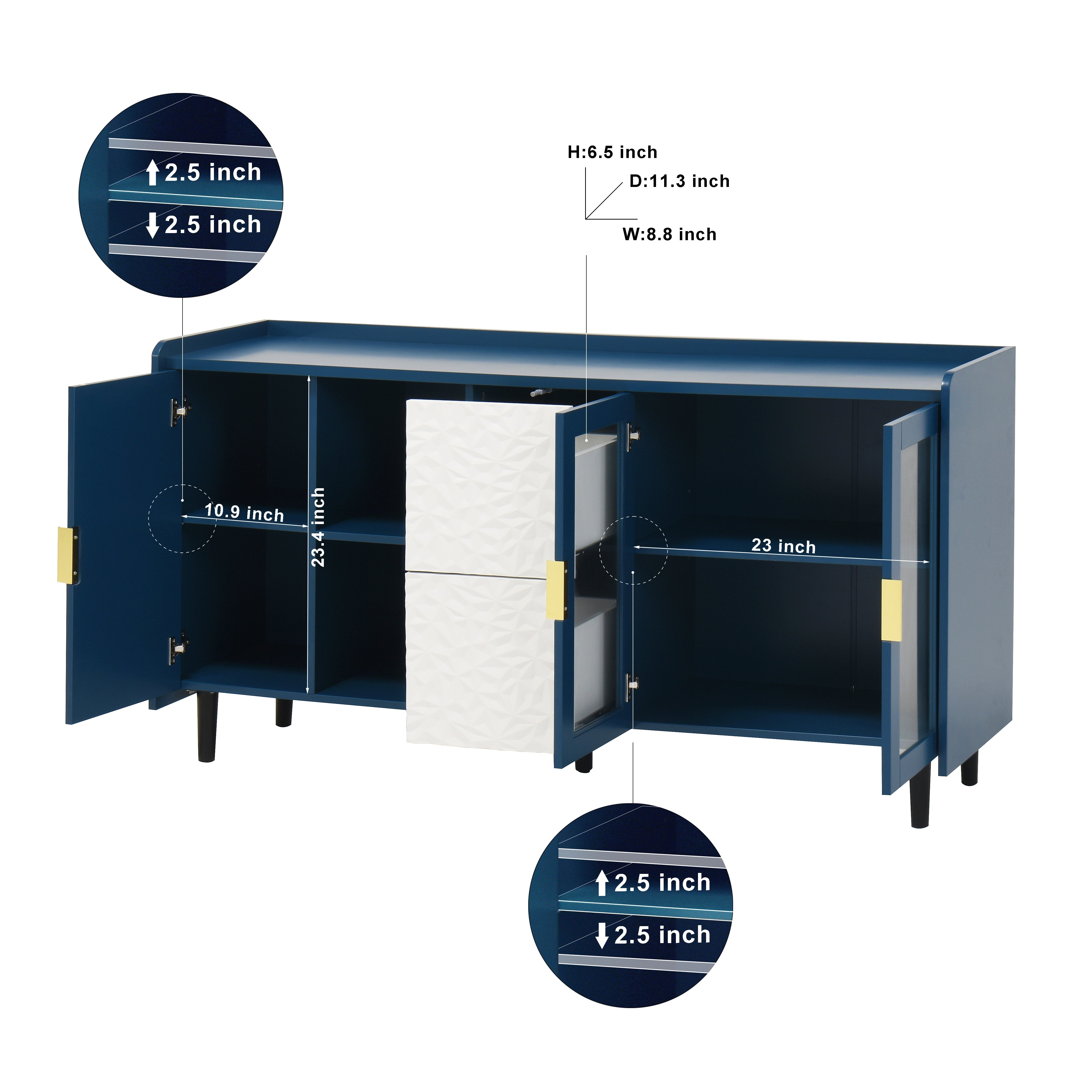 Pantry Cabinet 55-inch 2 Drawers 2 Glass Doors - Blue