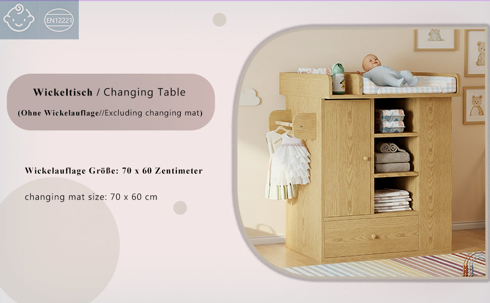 Changing Table with Cabinet, Drawer and Side Storage, Natural Wood Color