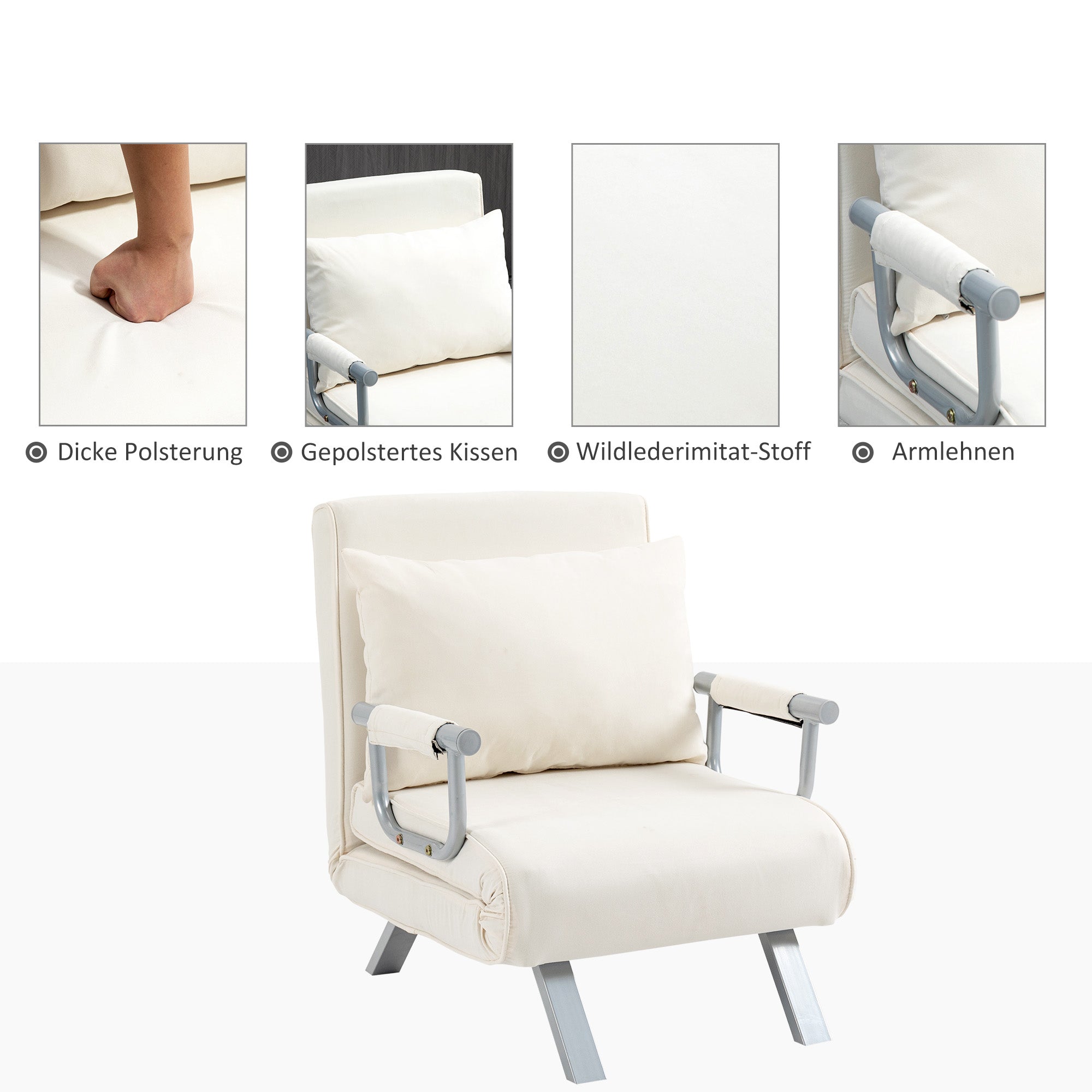 3-in-1 Sofa Bed Sleeper Chair Guest Folding Mattress Chaise Longue 65x69x80cm Polyester Cream