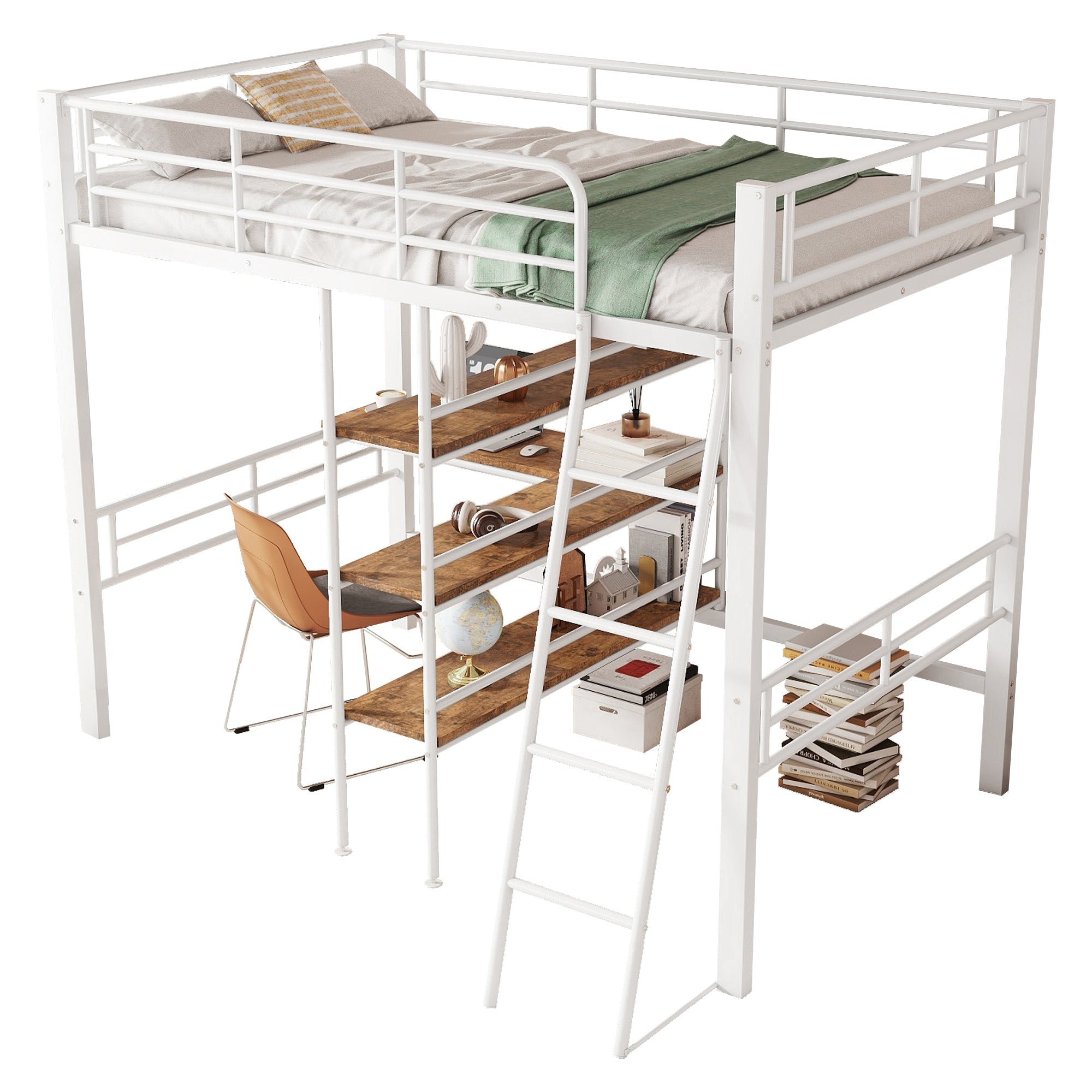 Loft Bed 90x200cm with Desk Shelves Railing Ladder Iron Frame White