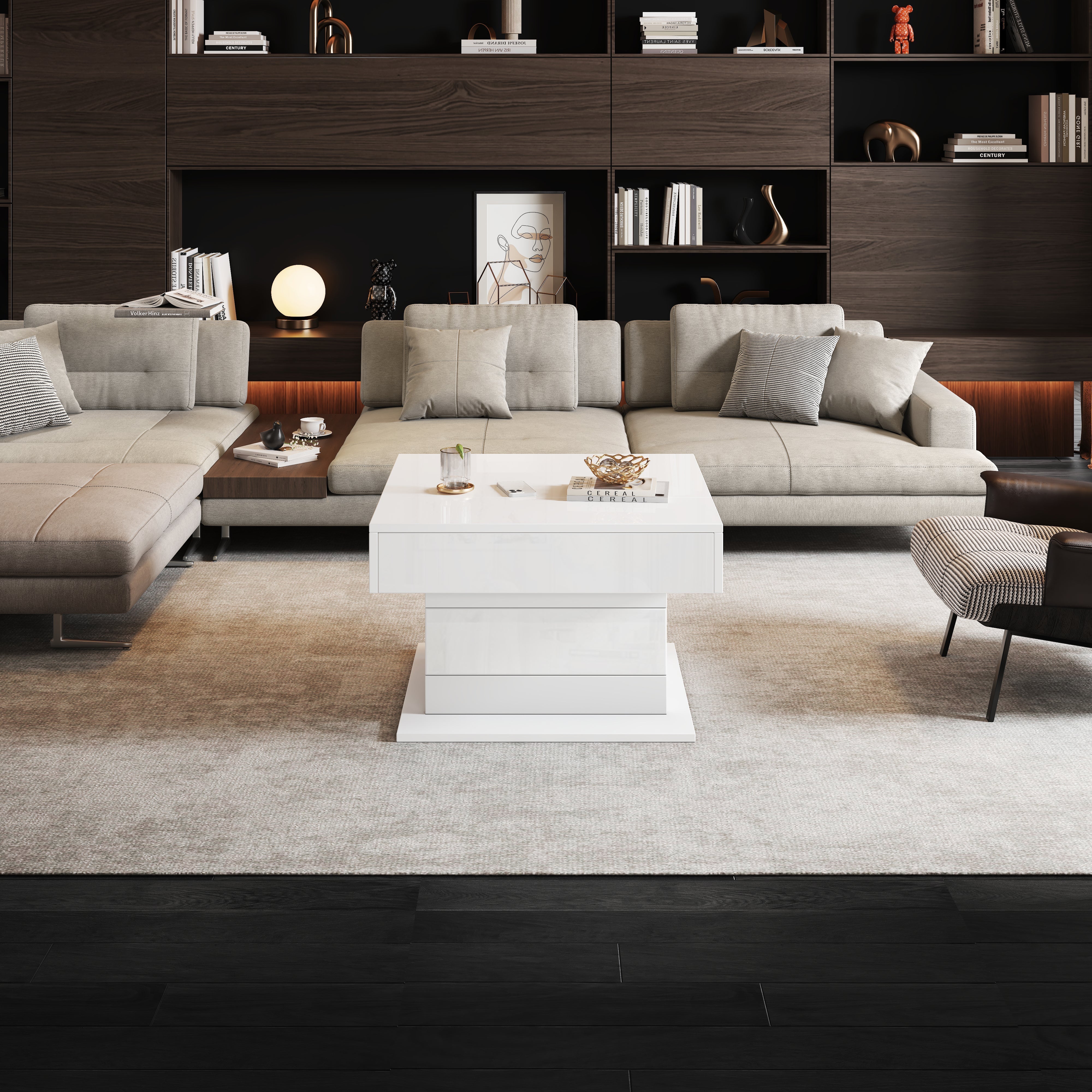 Coffee Table Geometric Lift-Up 360° Swivel Top 1 Drawer Hidden Storage - High-Gloss White