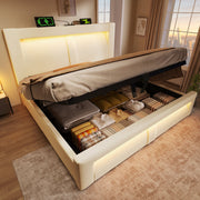 Double Bed with Hydraulic Storage, LED Lighting and Charging Ports, 140x200cm, Beige Velvet
