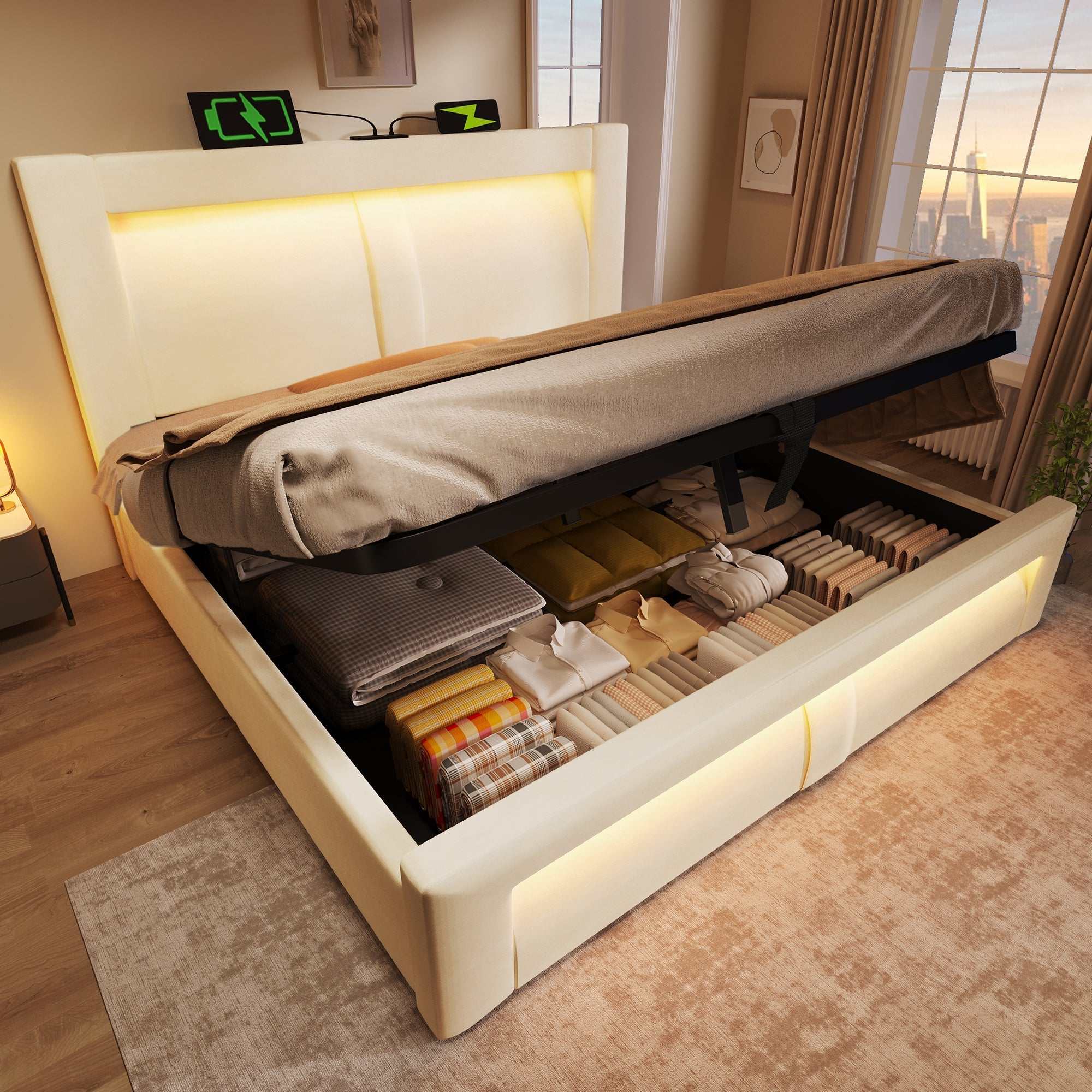 Double Bed 140x200cm, Hydraulic Storage with LED App Control and USB/Type-C Ports, Beige Velvet