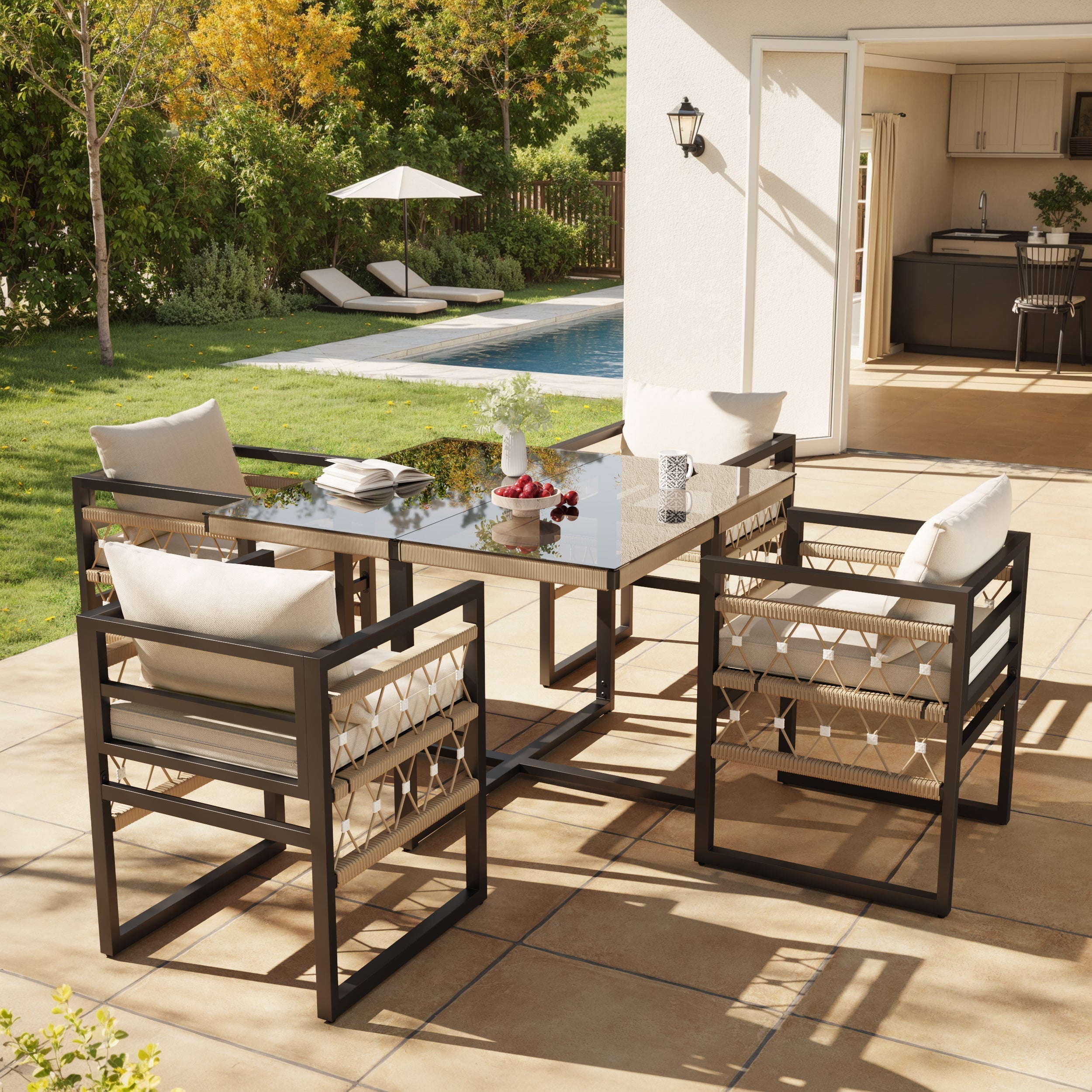 Handwoven Garden Sofa Set for 8 People with 2 Glass Tables and 8 Armchairs, Beige Iron