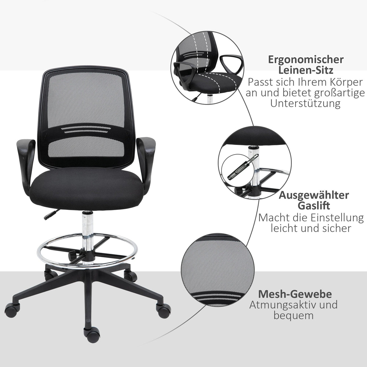 Ergonomic Office Standing Chair Swivel Height-Adjustable Footrest, Metal Black