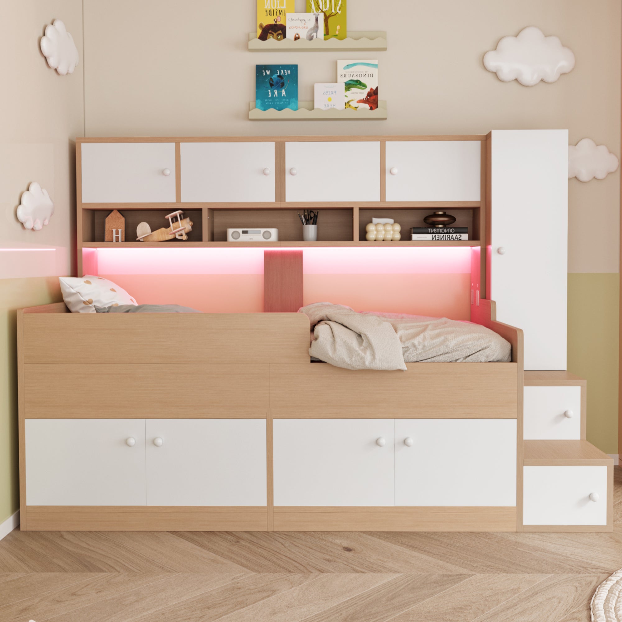 Wooden Children's Bed with Wardrobe, Shelves, Ladder and LED Lighting, 90x200cm, Wood Color