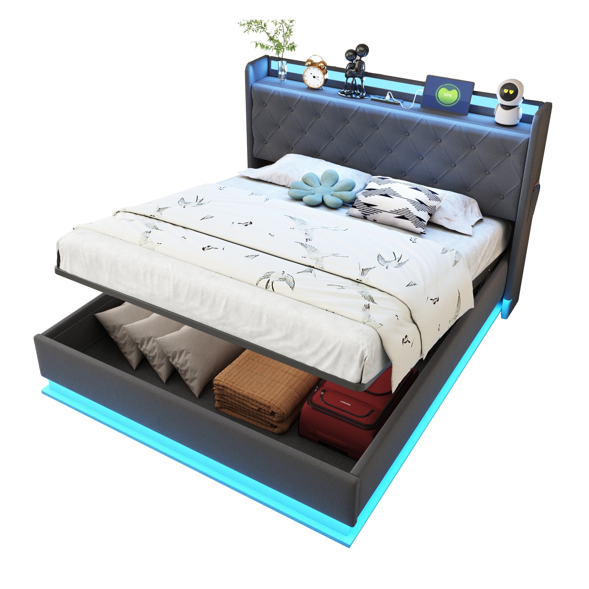 LED Upholstered Bed, USB Charging & Hydraulic Storage, Linen Fabric Gray