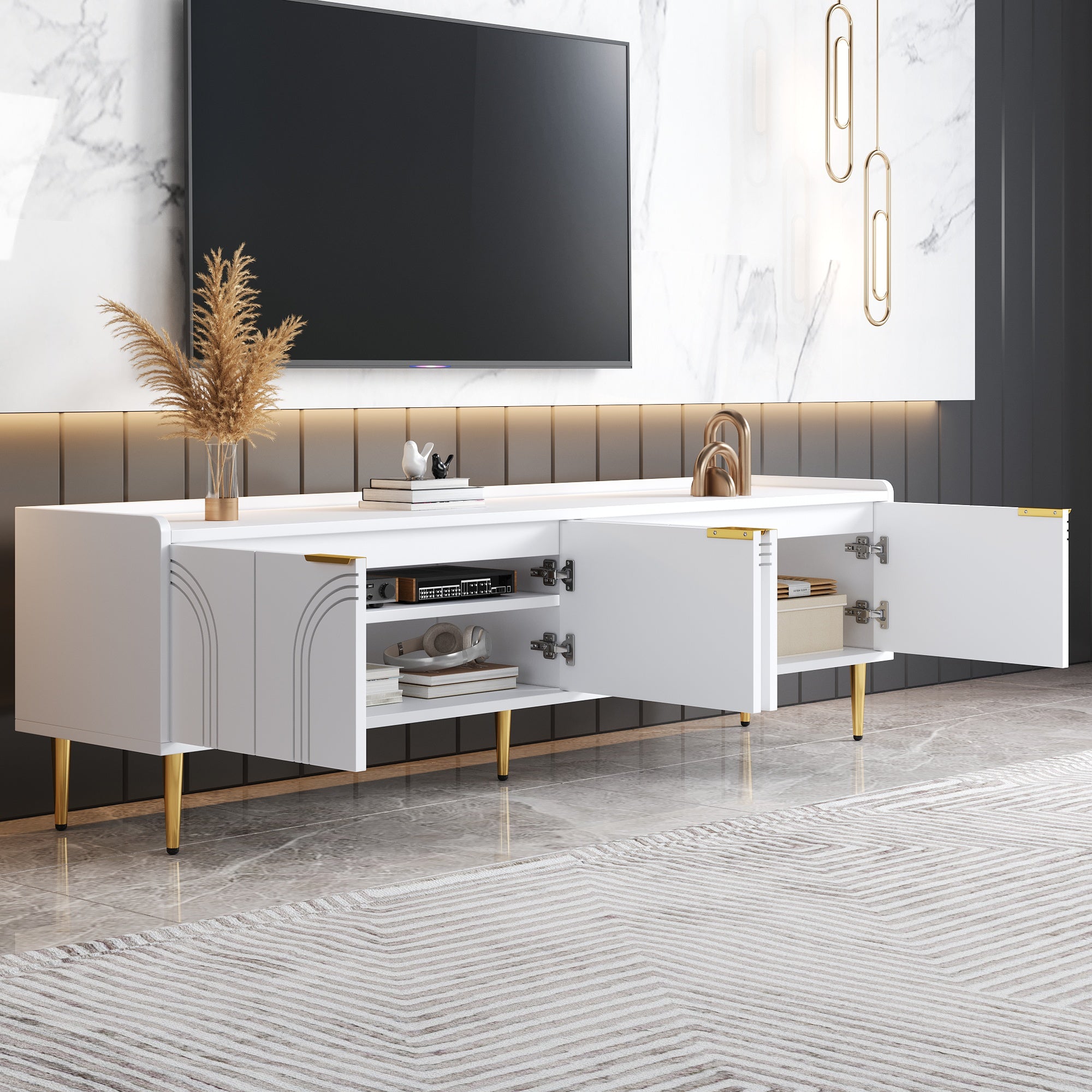 TV Cabinet Lowboard 170cm Textured Door Gold Handles/Feet
