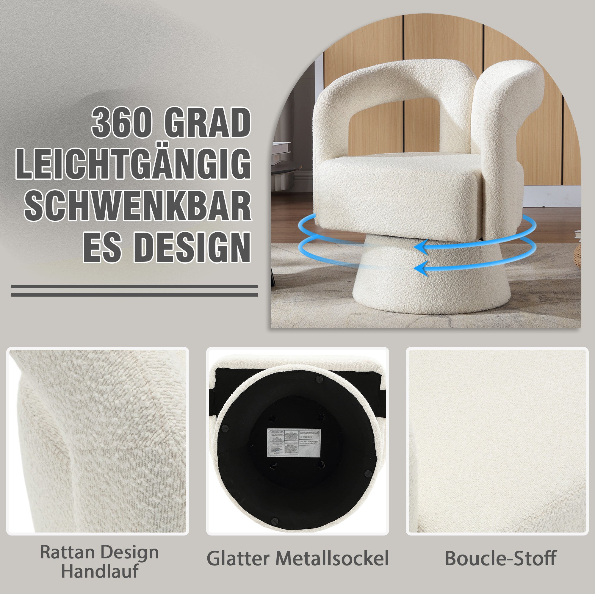Swivel Barrel Armchair 360° Round Fluffy Fabric, Beige
