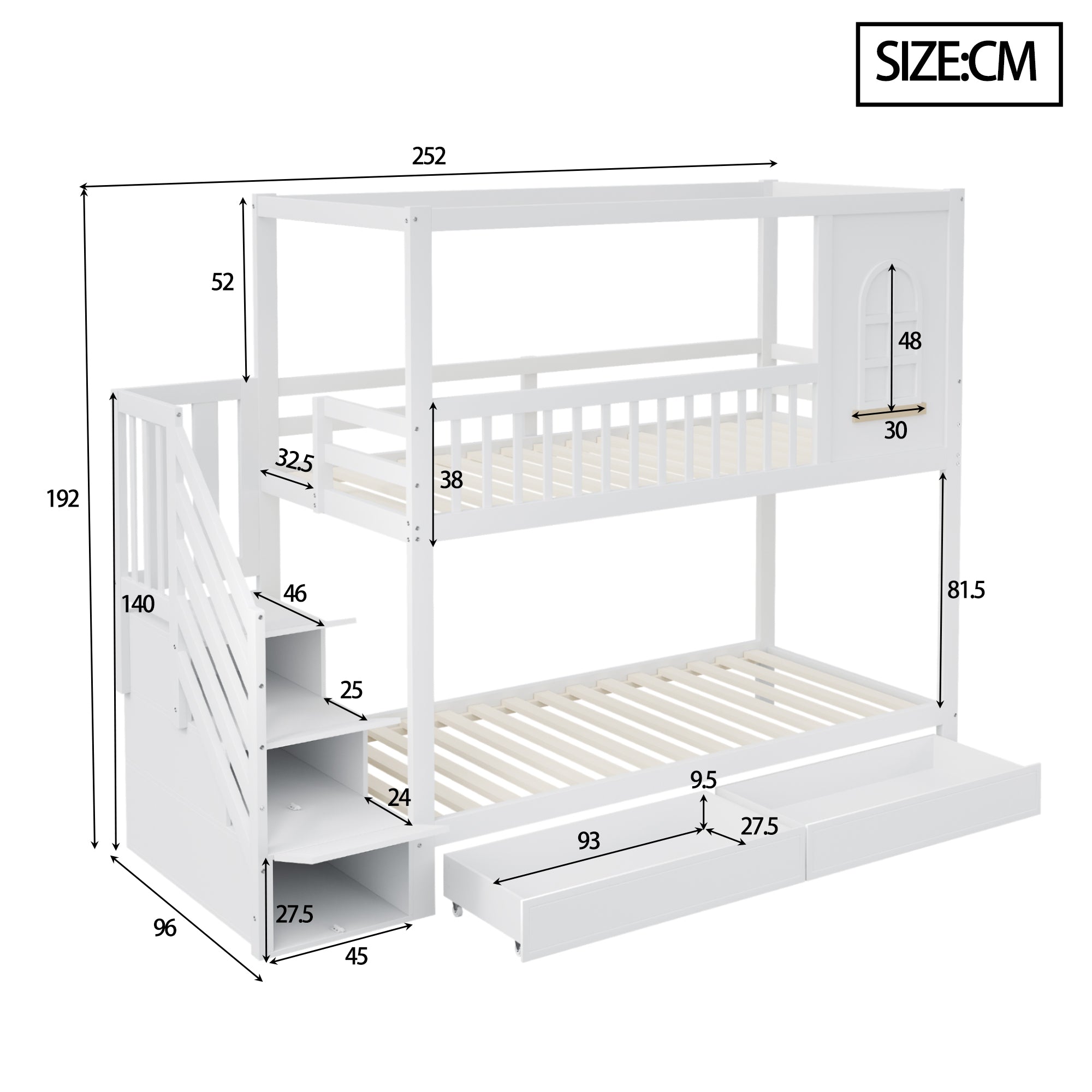 Bunk Bed 90x200cm House Design Drawers Ladder Solid Wood - White