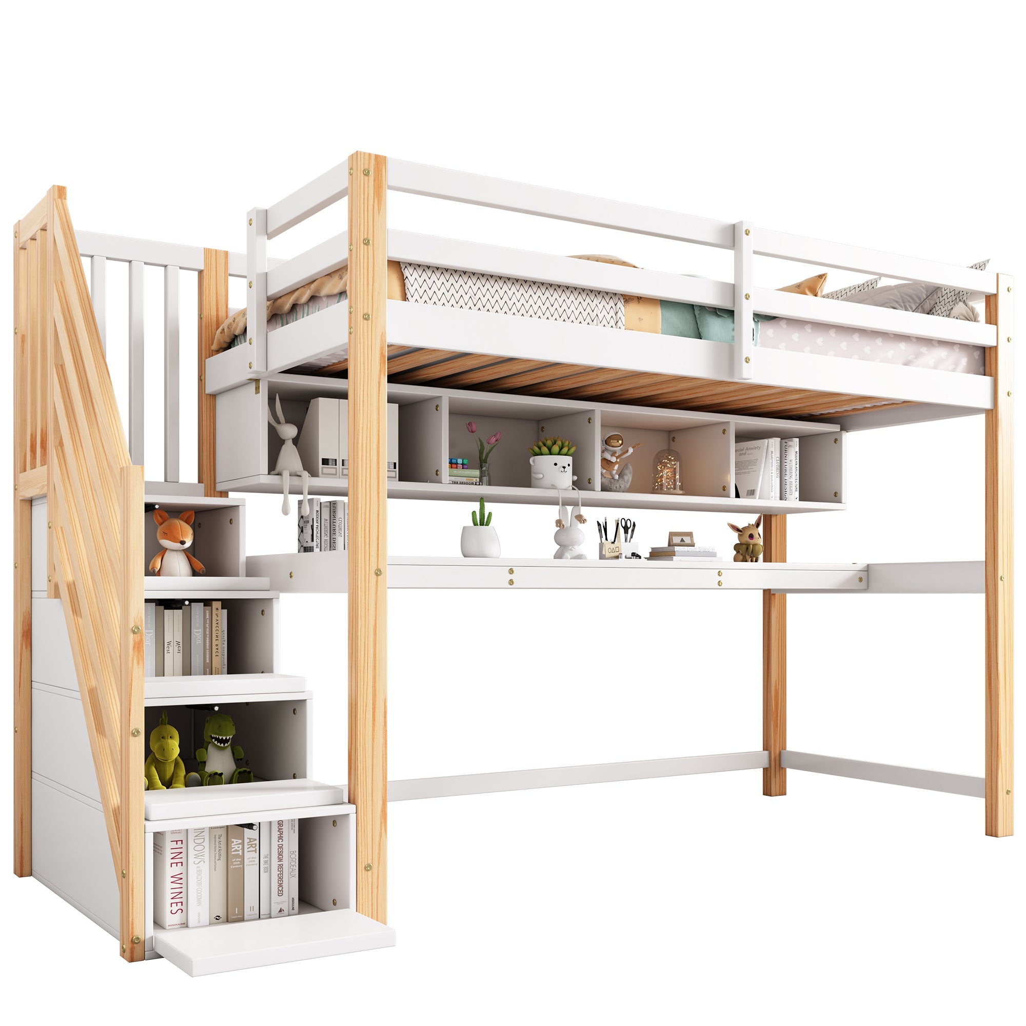 Children's Loft Bed with Large Desk and Shelves, Natural and White