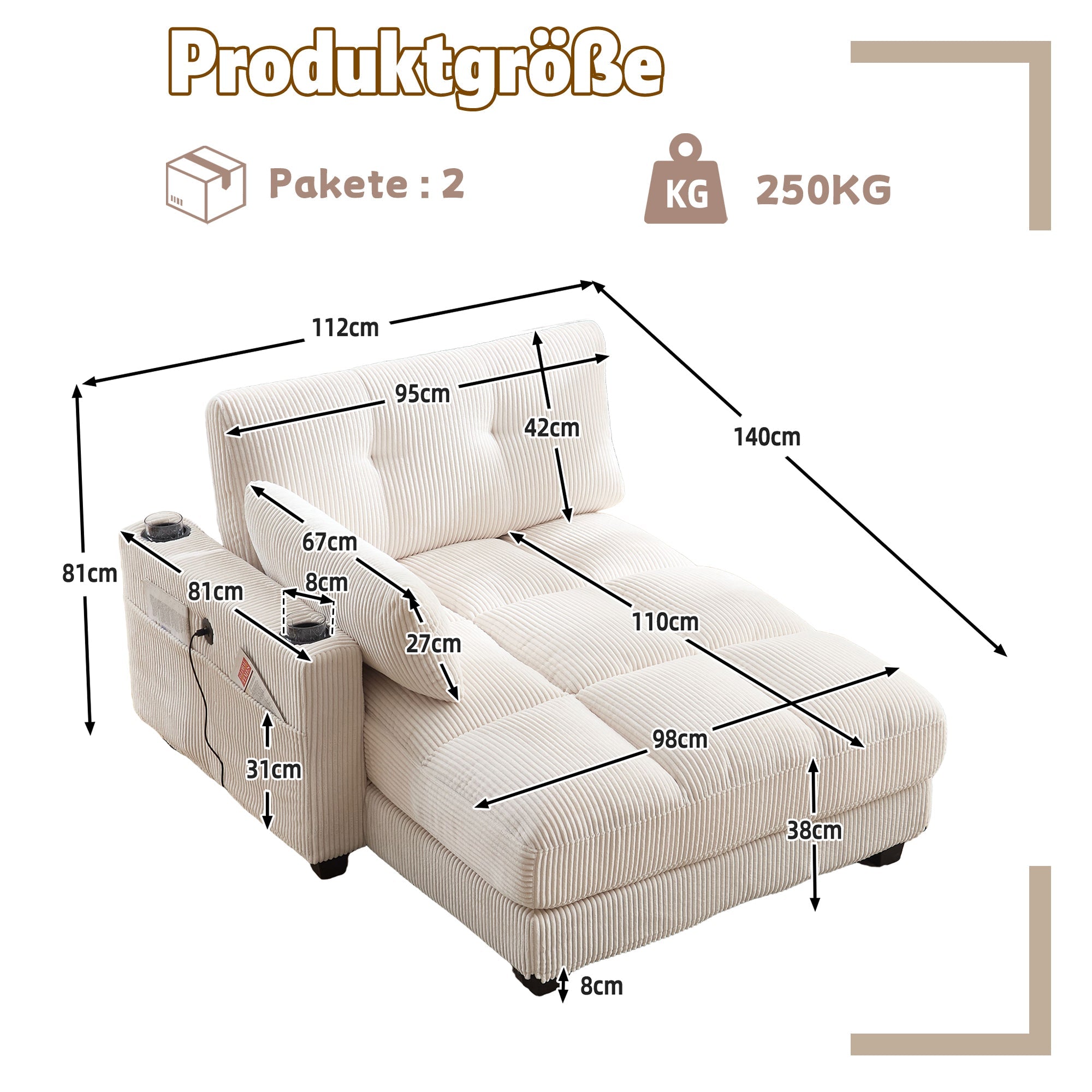 Palm Chair, Fluffy Striped Upholstery with Rolling Cushions & Side Pocket, Beige