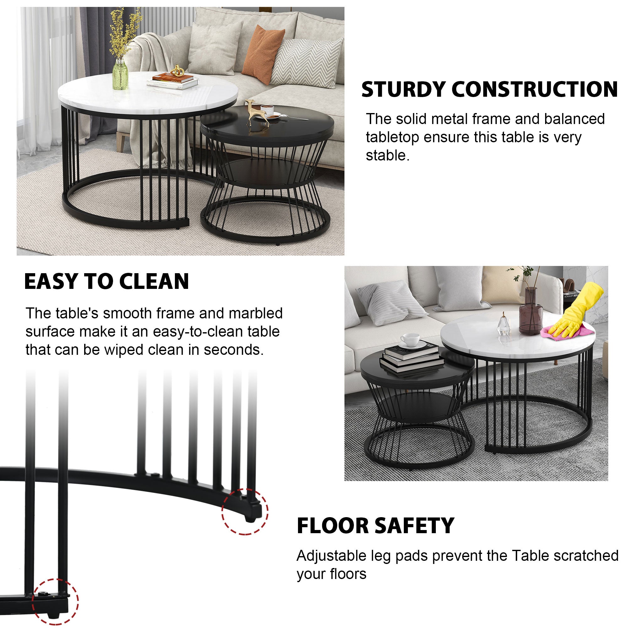 Modern Nesting Coffee Table Set, Round End Tables, Set of 2, Marble Veneer Black Frame
