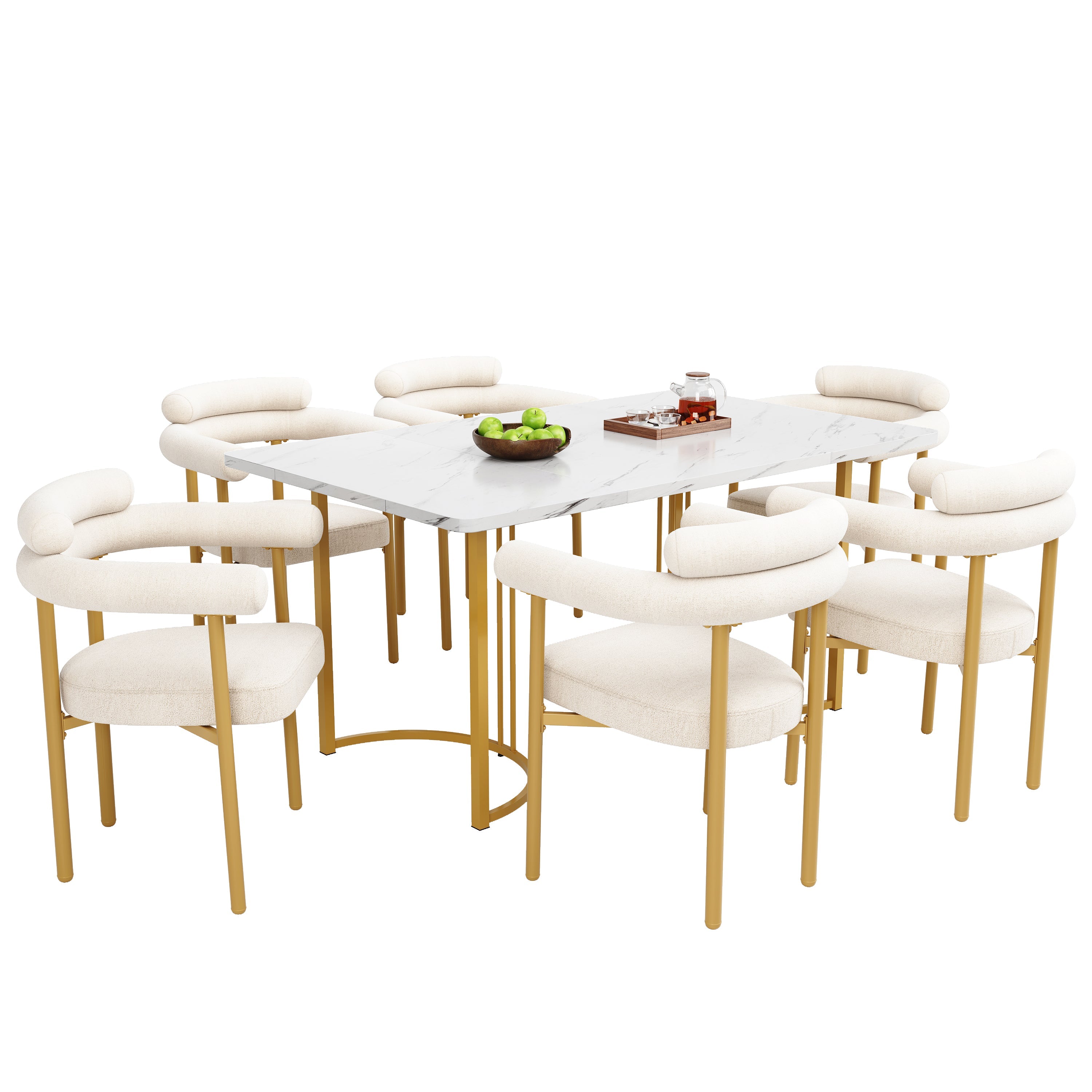 Dining Table and Chair Set 7-Piece with Designer Metal Legs and 6 Hollow Armchairs Cream Suede & Gold