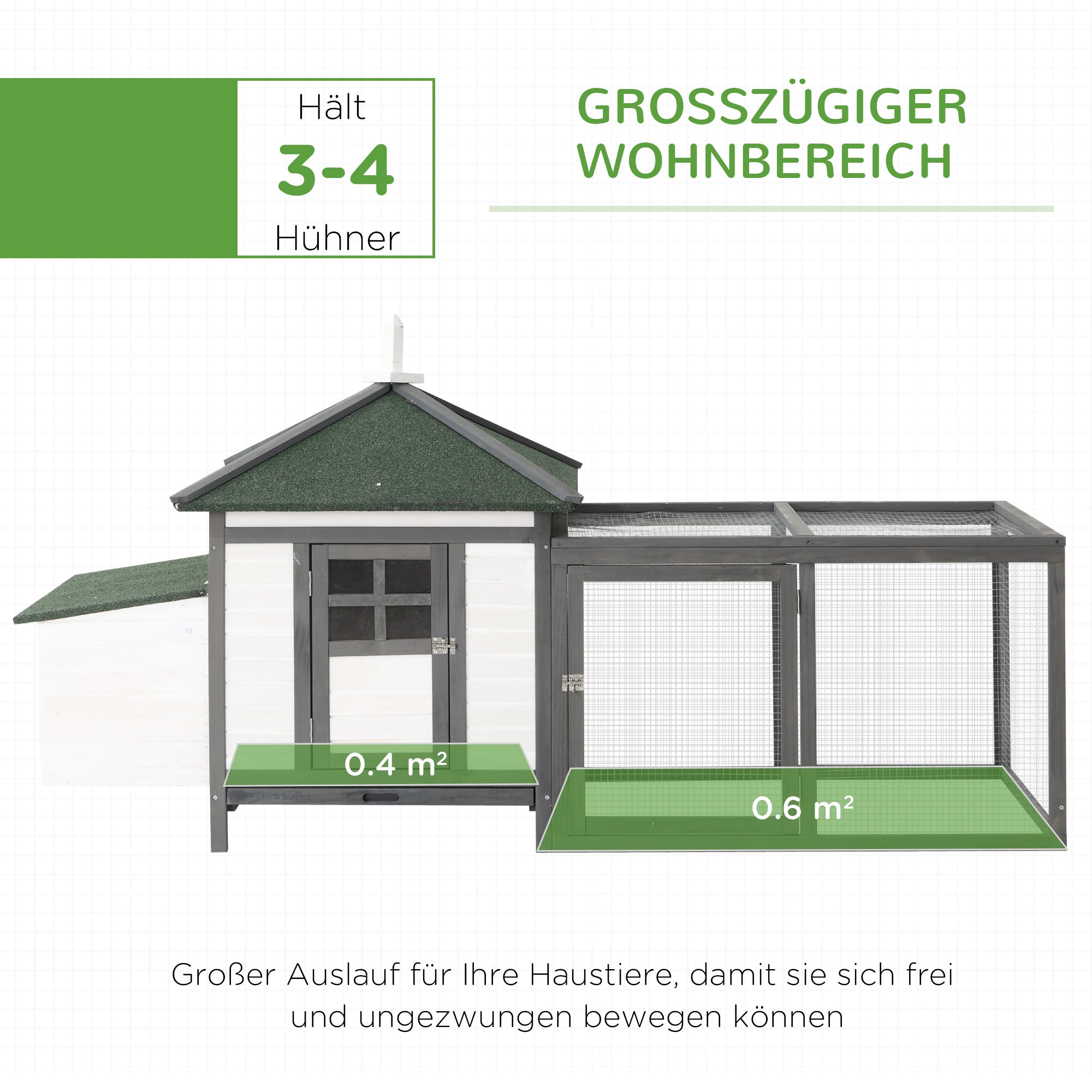 Bantam Hühnerstall mit Auslauf, Sitzstangen, Nistkasten, Kiefernholz, Grau+Weiß