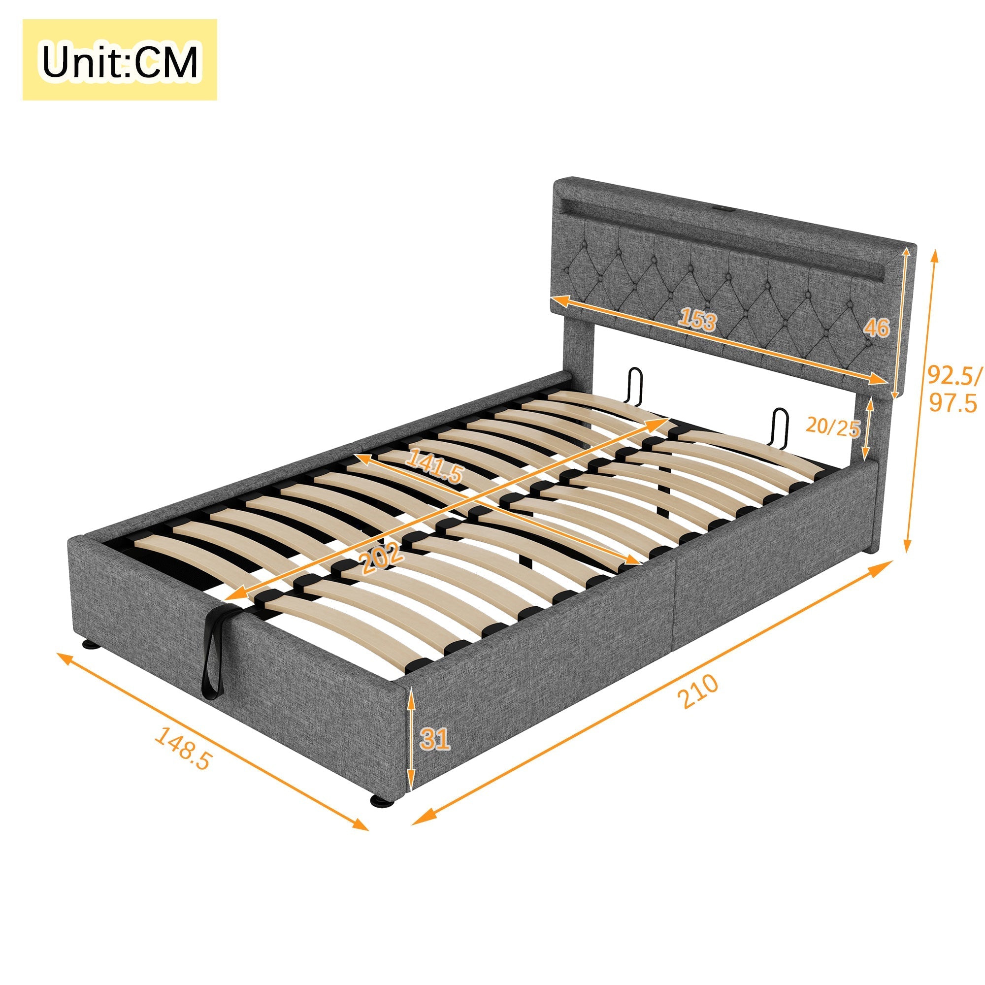 Upholstered Bed 140x200cm Hydraulic Storage Adjustable Height LED USB/Type-C - Grey