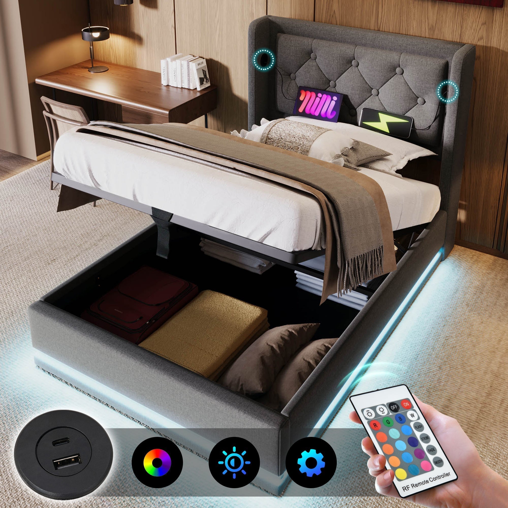 Upholstered Double Bed 90x200cm Hydraulic Storage USB-C LED Headboard, Grey Cotton