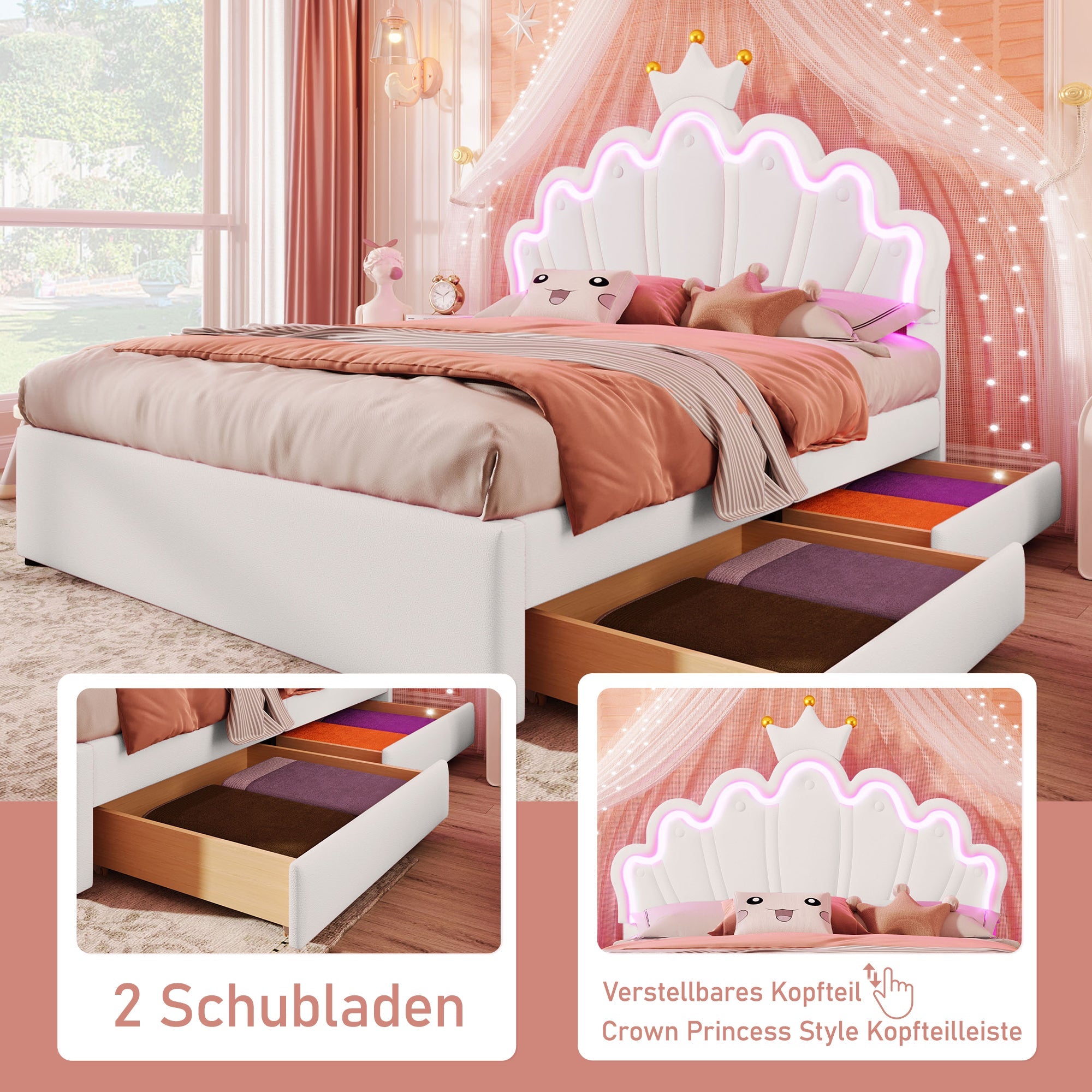 Upholstered Bed 140x200cm Crown Design Ambient Light 2 Drawers Adjustable Headboard - White PU