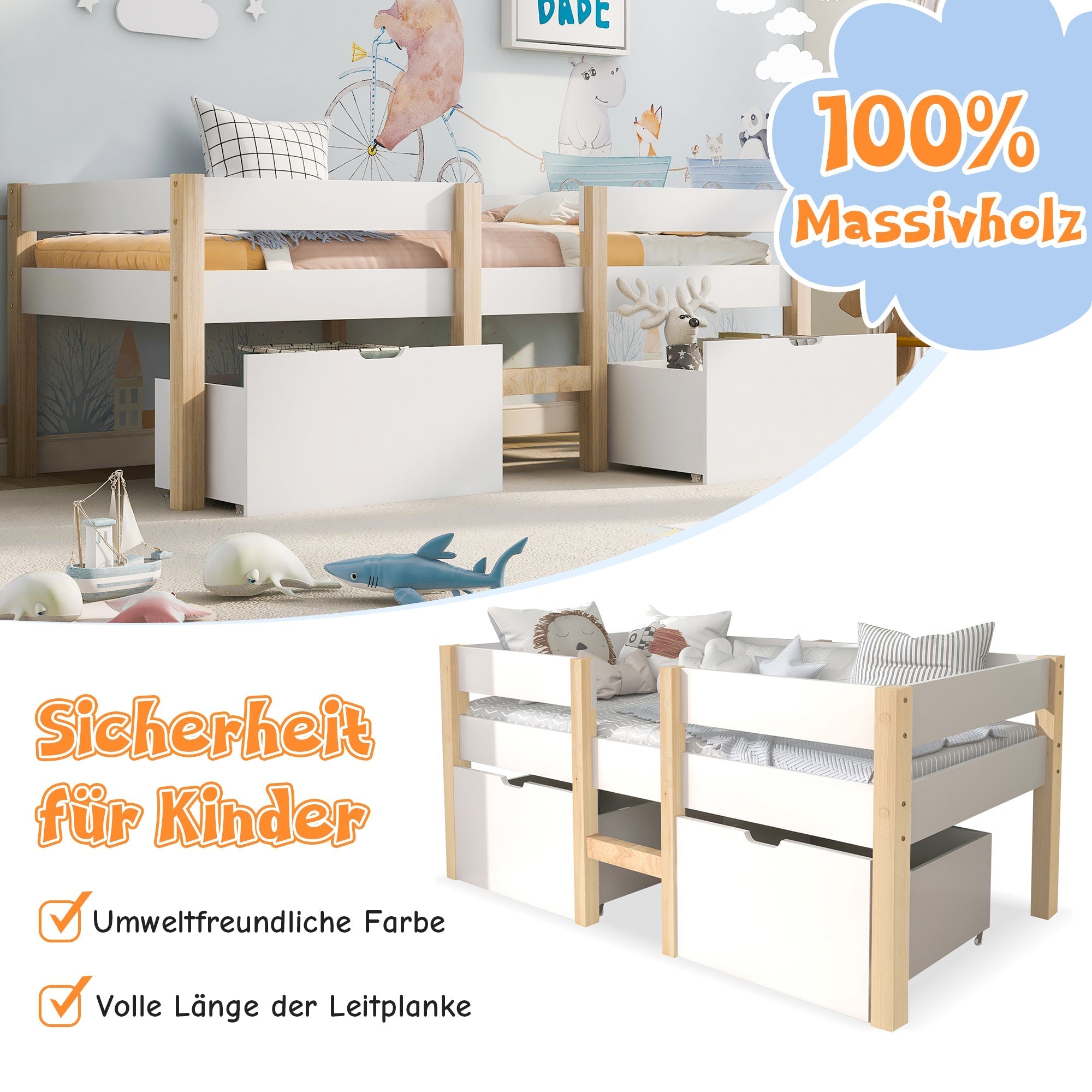 Children's Bed with Drawer and Fall Protection, 90x200 cm, Solid Pine Wood White & Oak