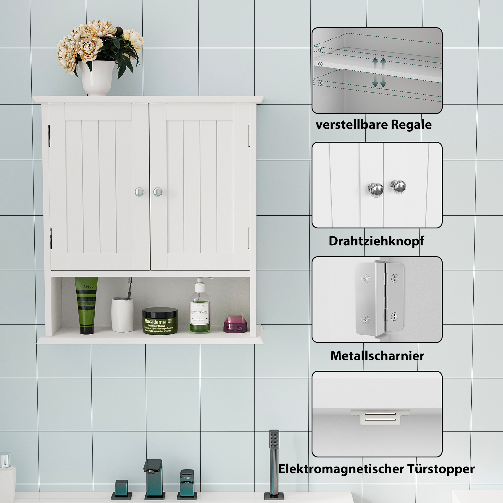 Bathroom Cabinet, Wall Mounted with Double Doors & Adjustable Shelves, White
