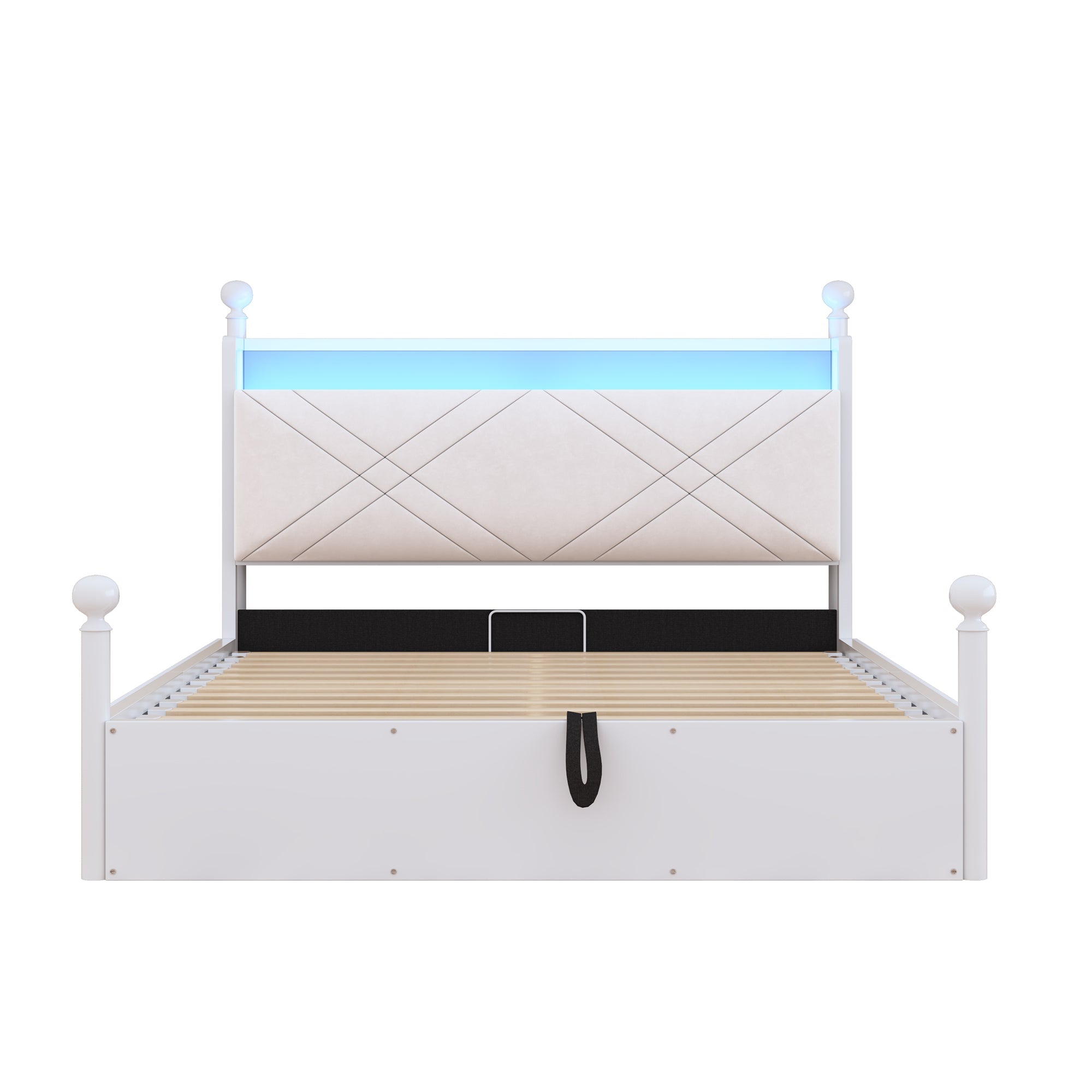 Multifunctional Double Bed with Hydraulic Storage, Canopy, LED and USB, 140x190cm, White Wrought Iron