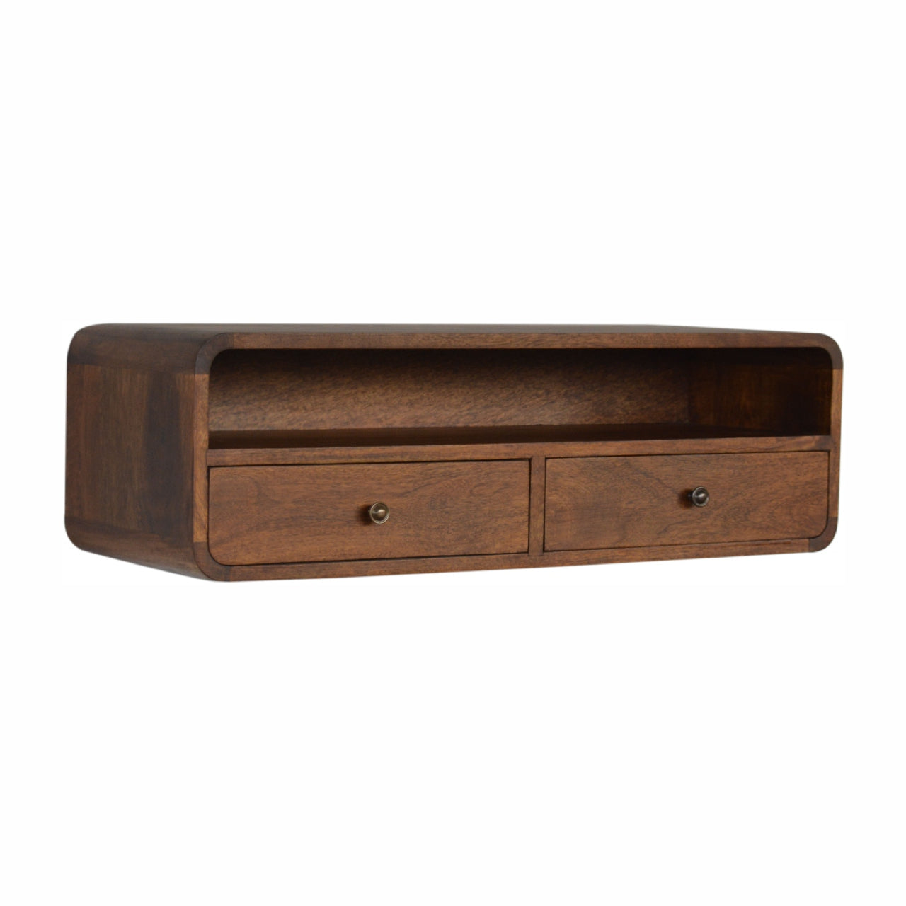 Solid Wood Floating Console, 2 Drawers 1 Shelf, Dark Brown Chestnut