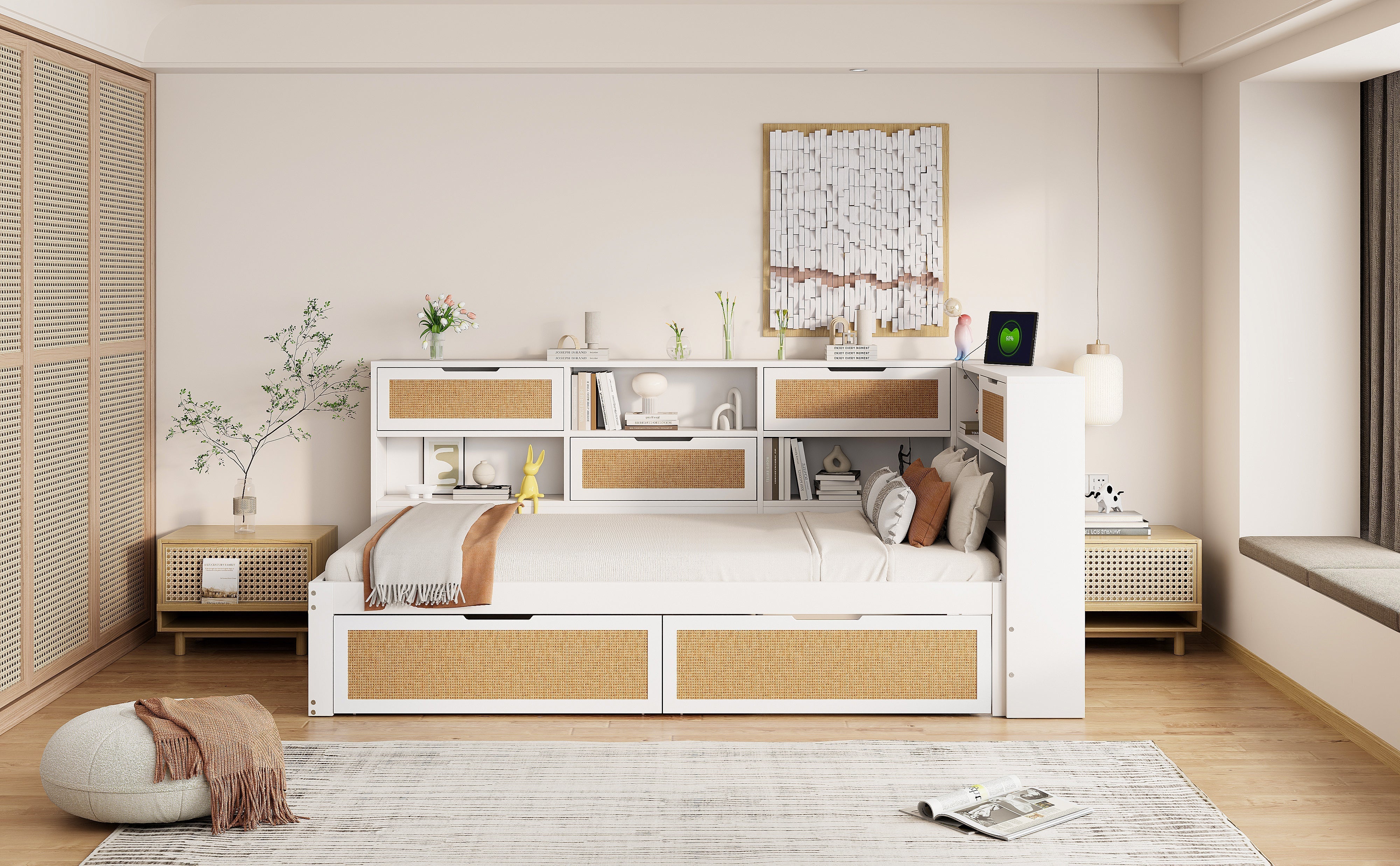 Sofa Bed, 90x200cm Multifunctional Single Bed with Drawer & Charging Port, White Solid Wood