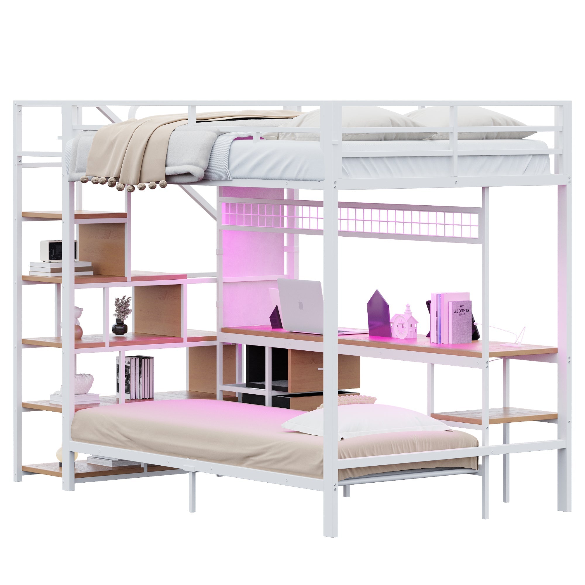 Metal Loft Bunk Bed with Desk LED Storage 140x200/90x200 White