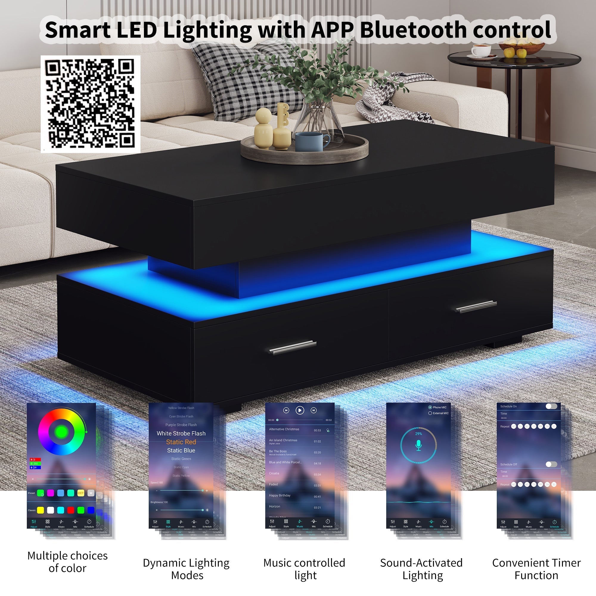 Hydraulic Lift Top Coffee Table, LED with Storage & 2 Drawers, Black
