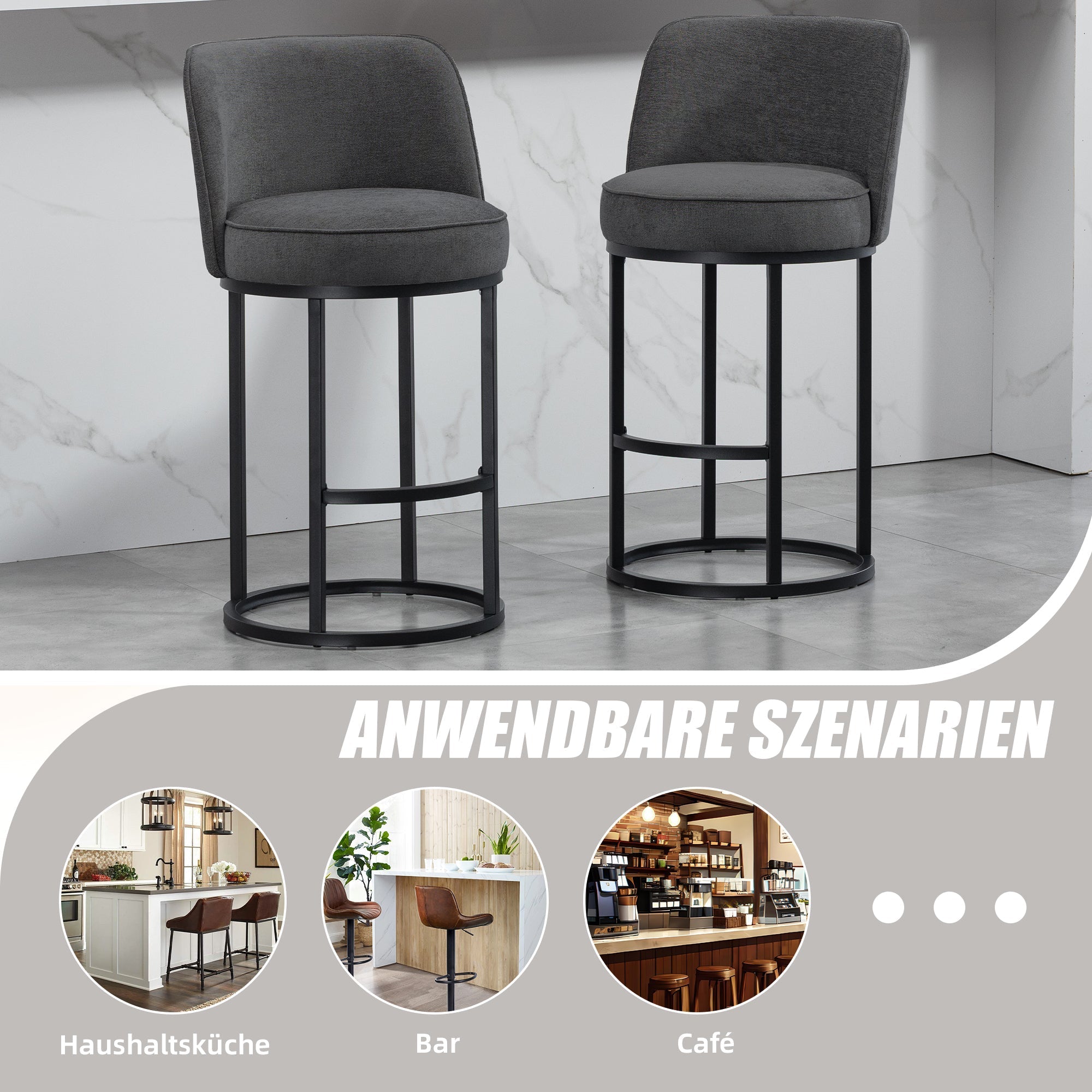 Modern Bar Stools Duo Set with Upholstered Seat and Metal Legs, Linen Upholstery