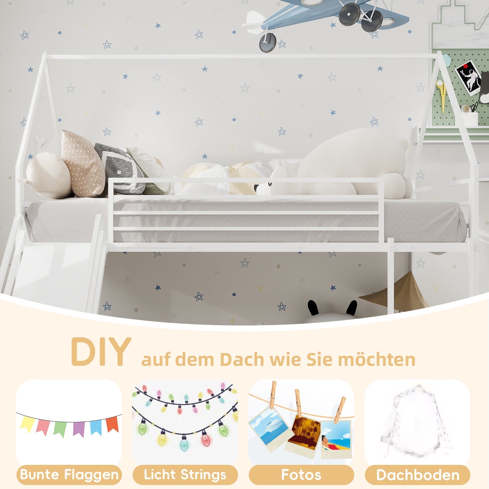 Twin over Twin Bunk Bed, House Shaped with Slide & Ladder, Metal
