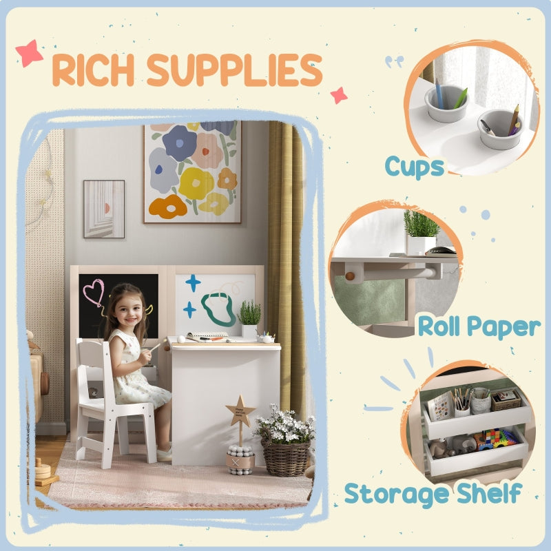 3 in 1 Kids Table and Chair Set with Storage, Whiteboard, Blackboard, Roll Paper for 3-8 Years, White