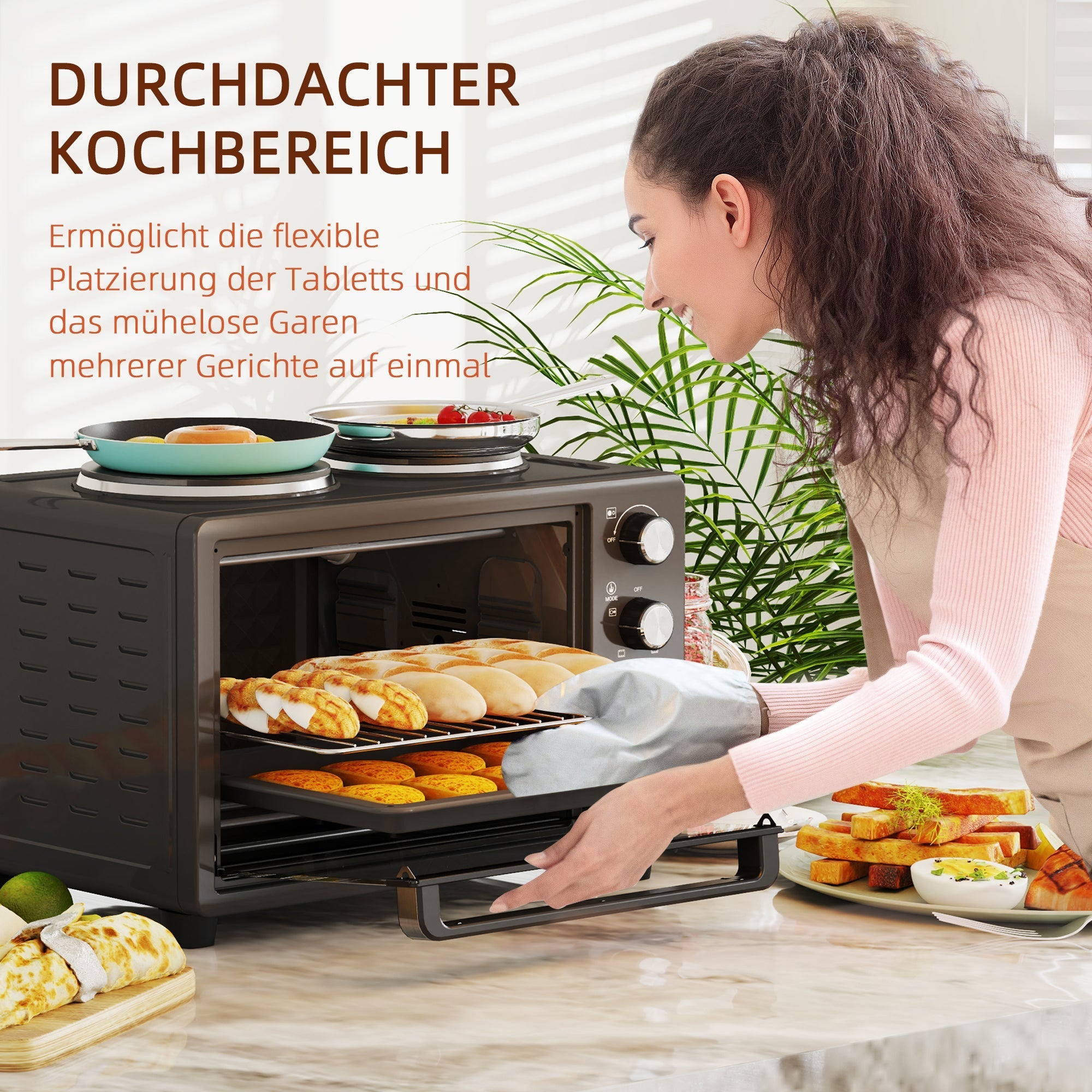 Mini-Backofen 28L 2600W mit 2 Kochplatten, Schwarz