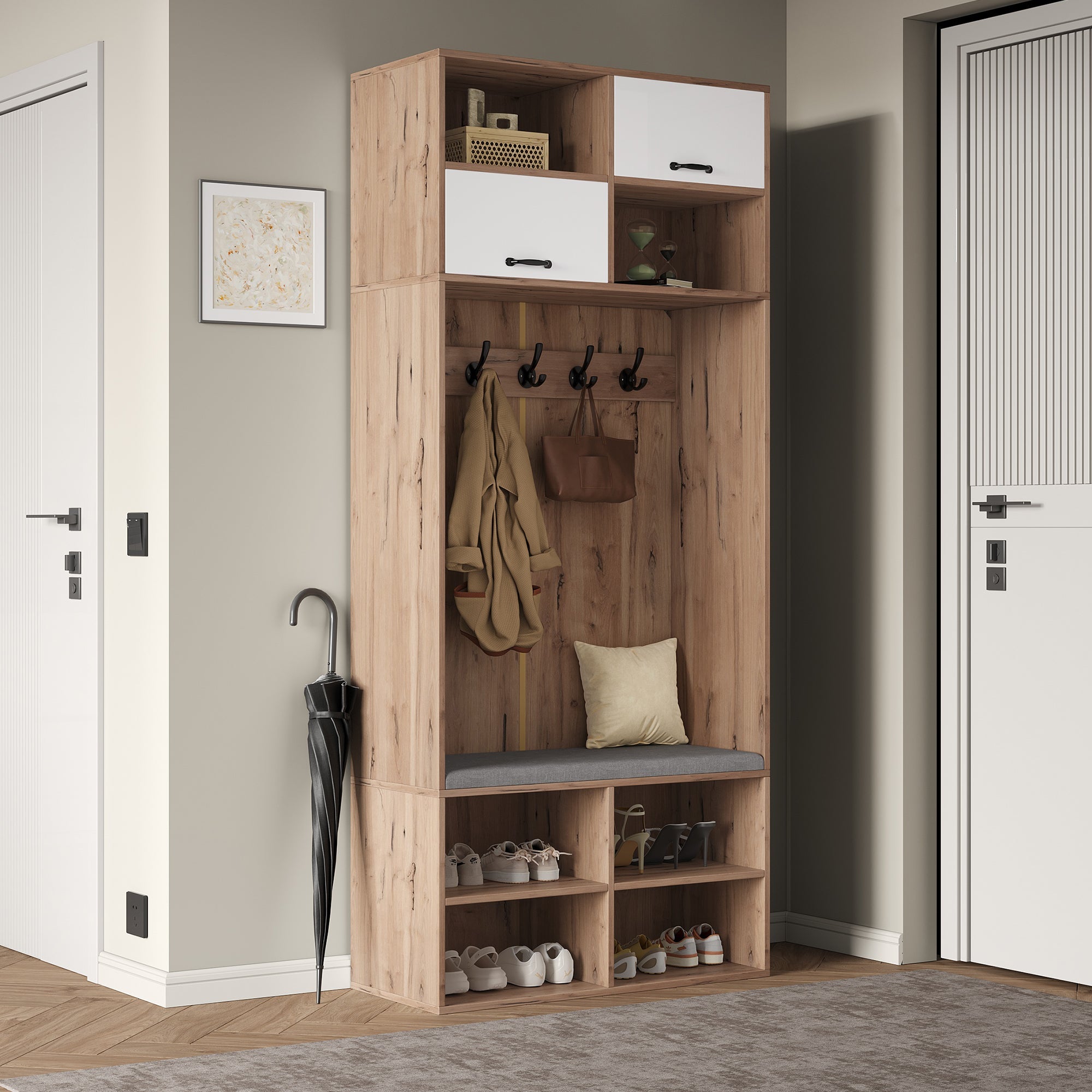 Wardrobe Set Hallway Bench 5 Hooks 2 Doors 6 Storage 80x185x35cm, Natural Wood/White