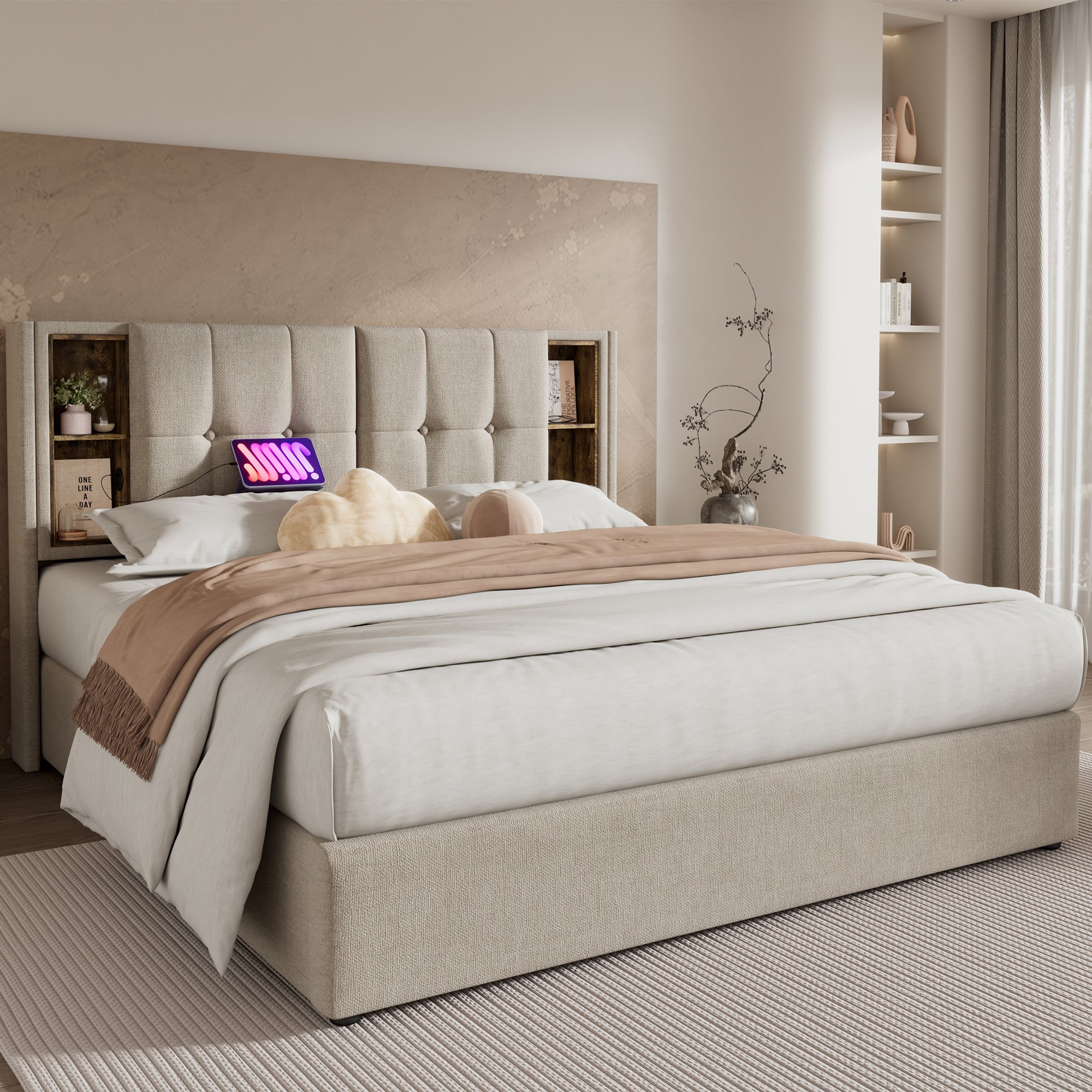 Double Bed, Wireless Charging USB C, Storage, 140x200cm, Wood-Natural Linen