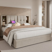 Double Bed with Wireless Charging, Storage, Wood Slats, Natural Linen