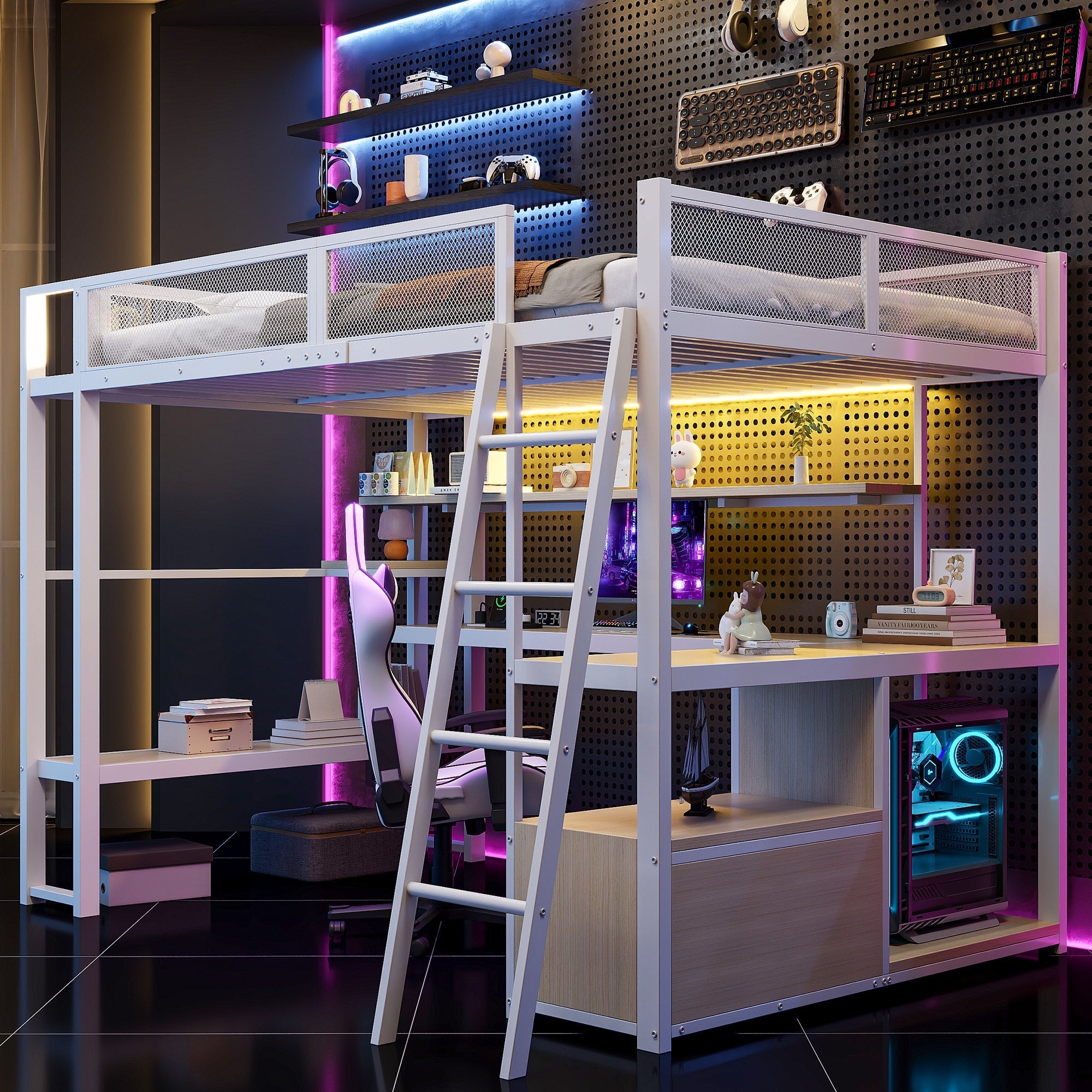 Metal Gaming Loft Bed with Integrated Workspace and LED Lighting, White