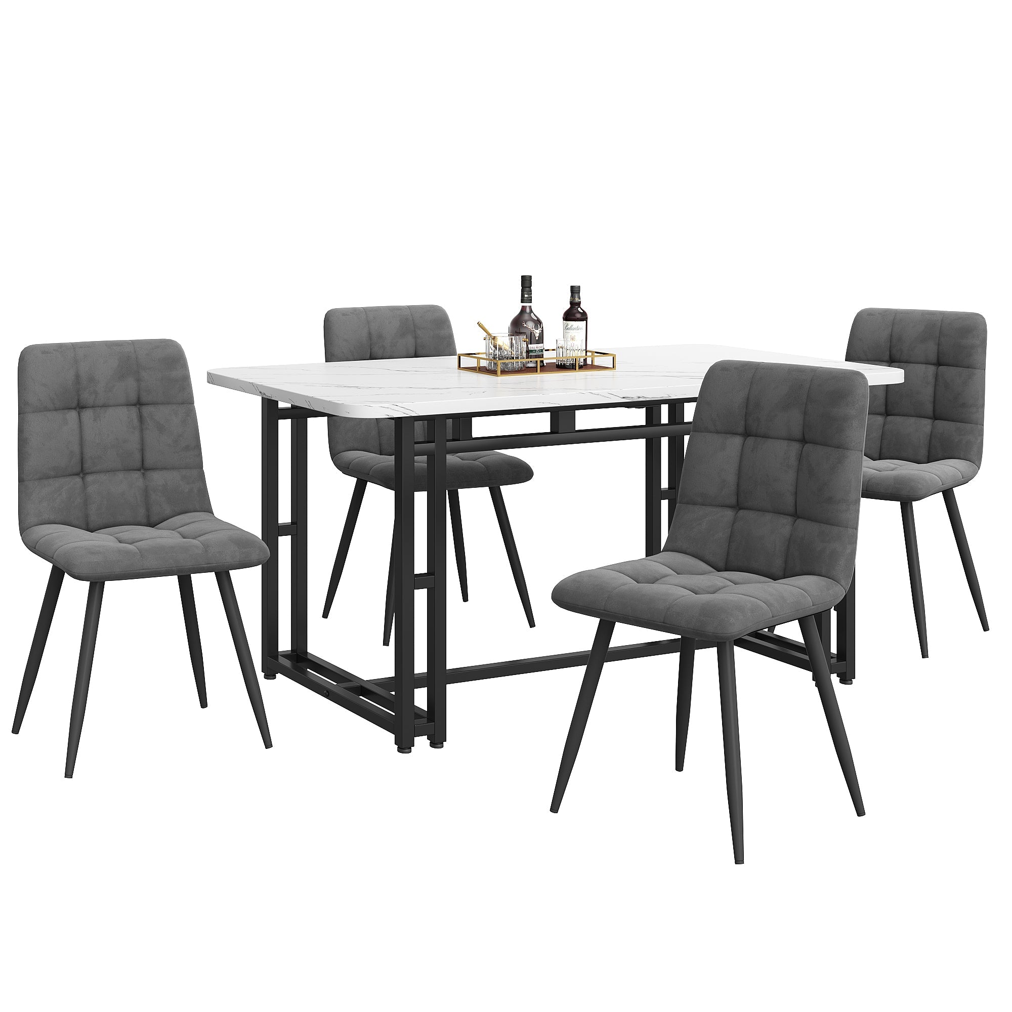 140x80cm Dining Table Set 4 Chairs, Modern Kitchen Dark Grey Velvet, Black Iron